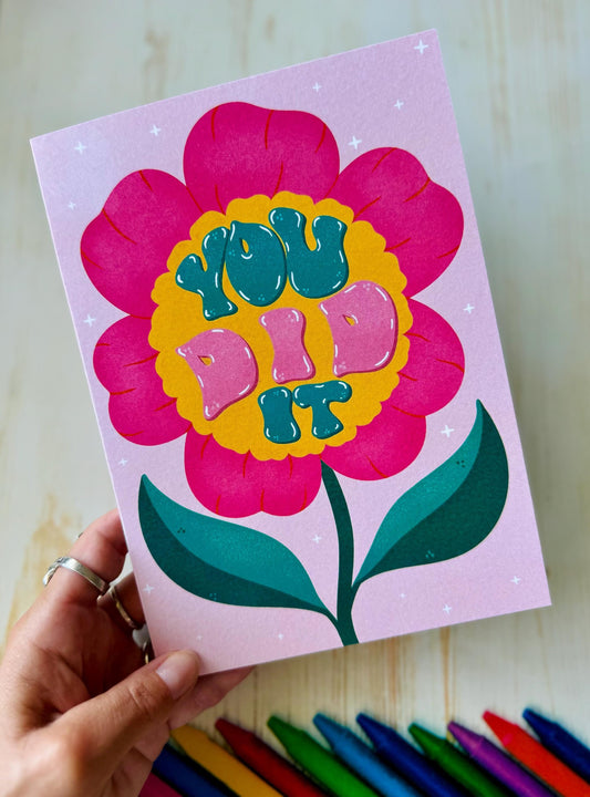 Handmade You Did It Card – Handlettered Congrats Flower Congratulations Greeting Gift Card