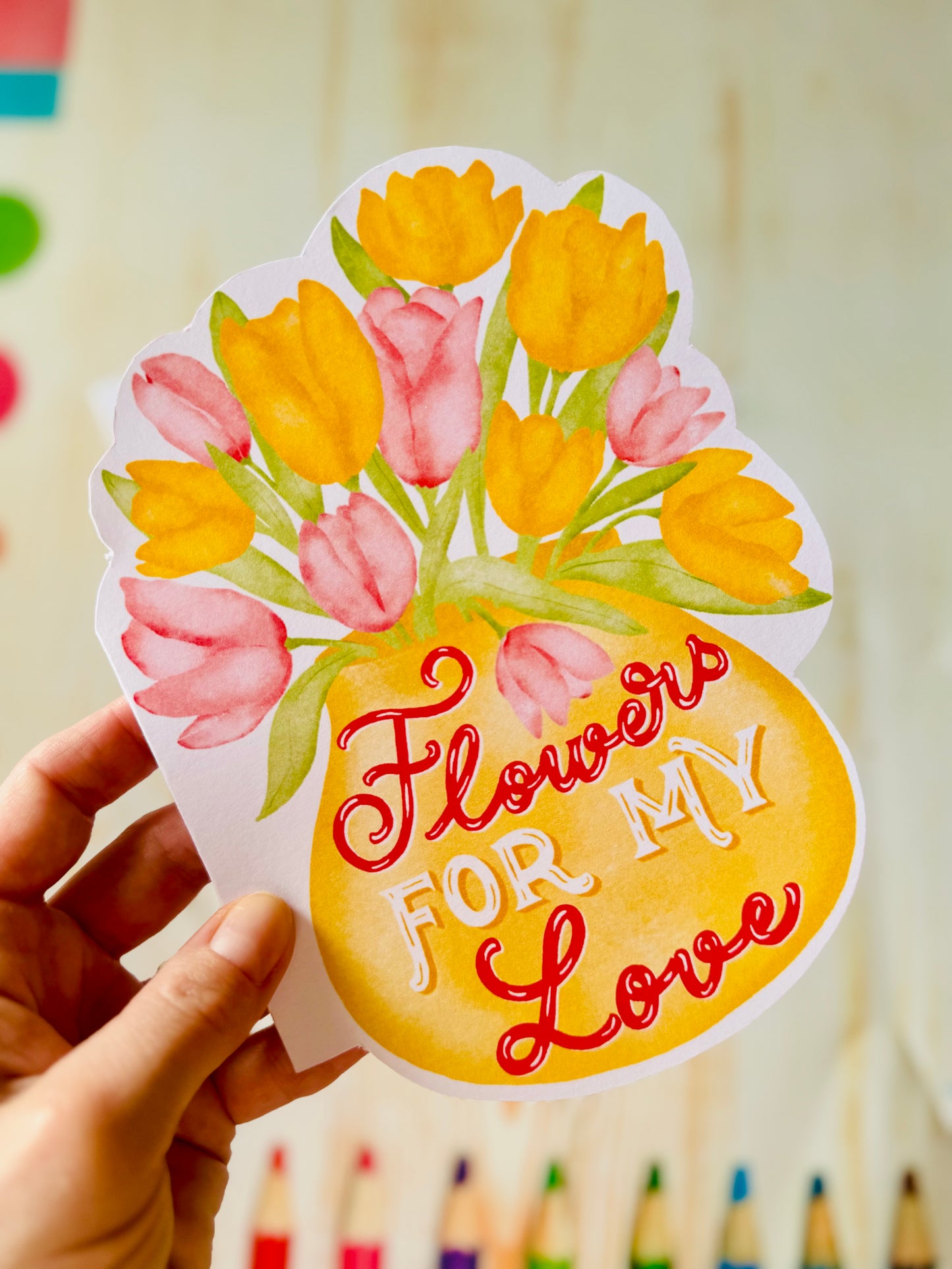 Unique Shaped Floral Greeting Card, Hand Illustrated , Anniversary Love Card