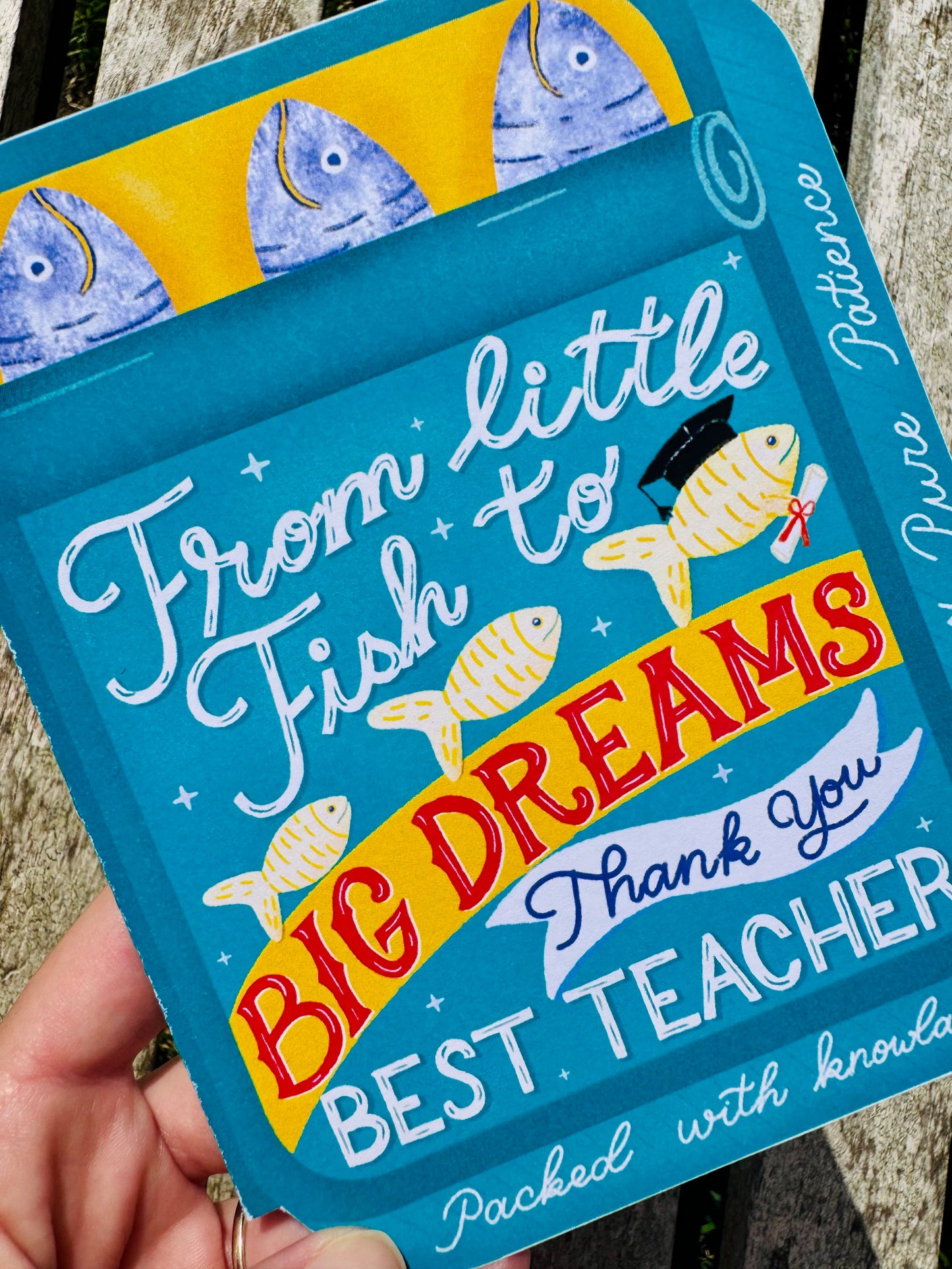 Teachers Thank you card - From Little Fish to Big Dreams – Sardine Tin Card & Surprise Bookmark Set