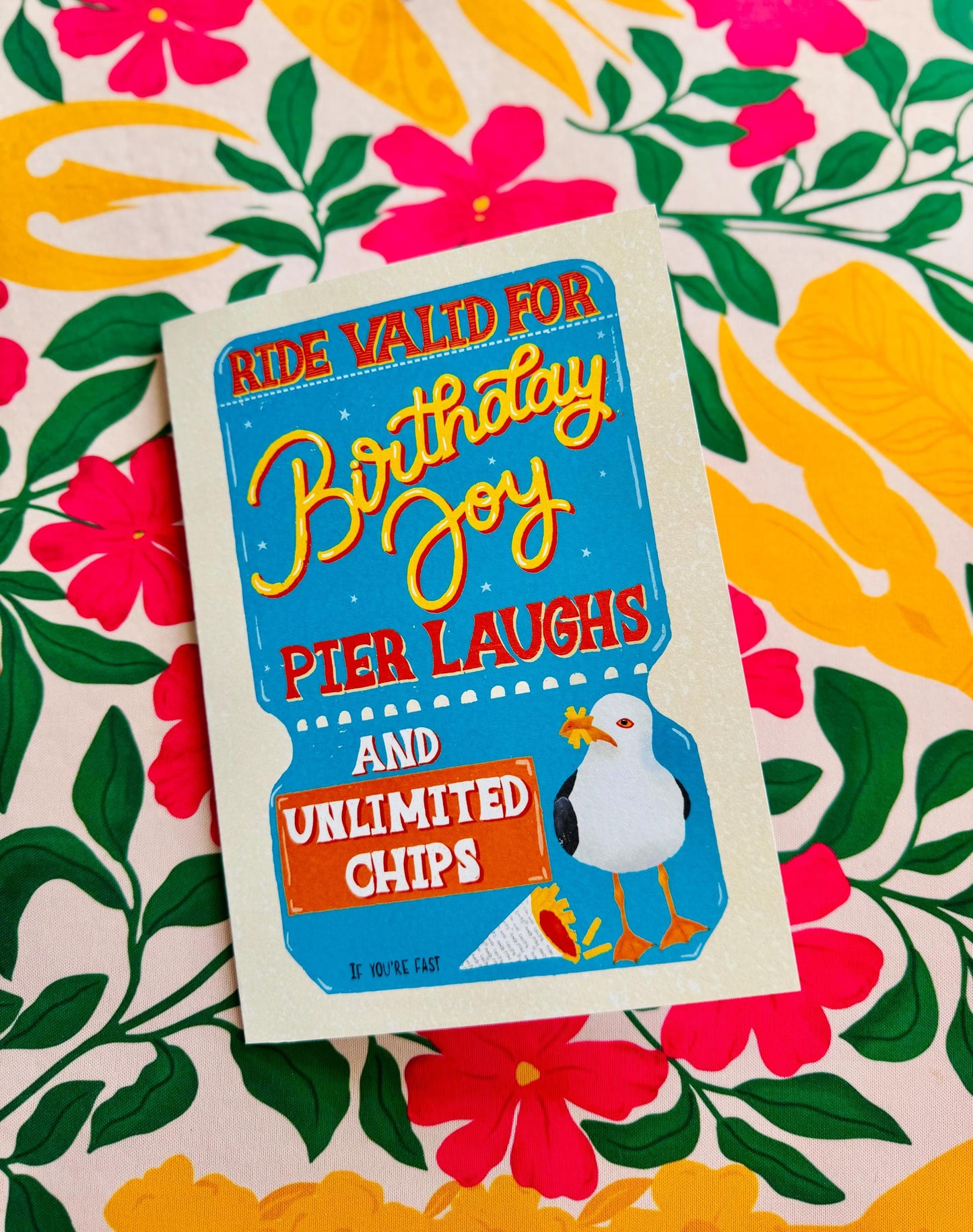 Handmade Vintage Ticket Birthday Card – Unique Greeting Gift Brighton Seagull & Chips Illustration