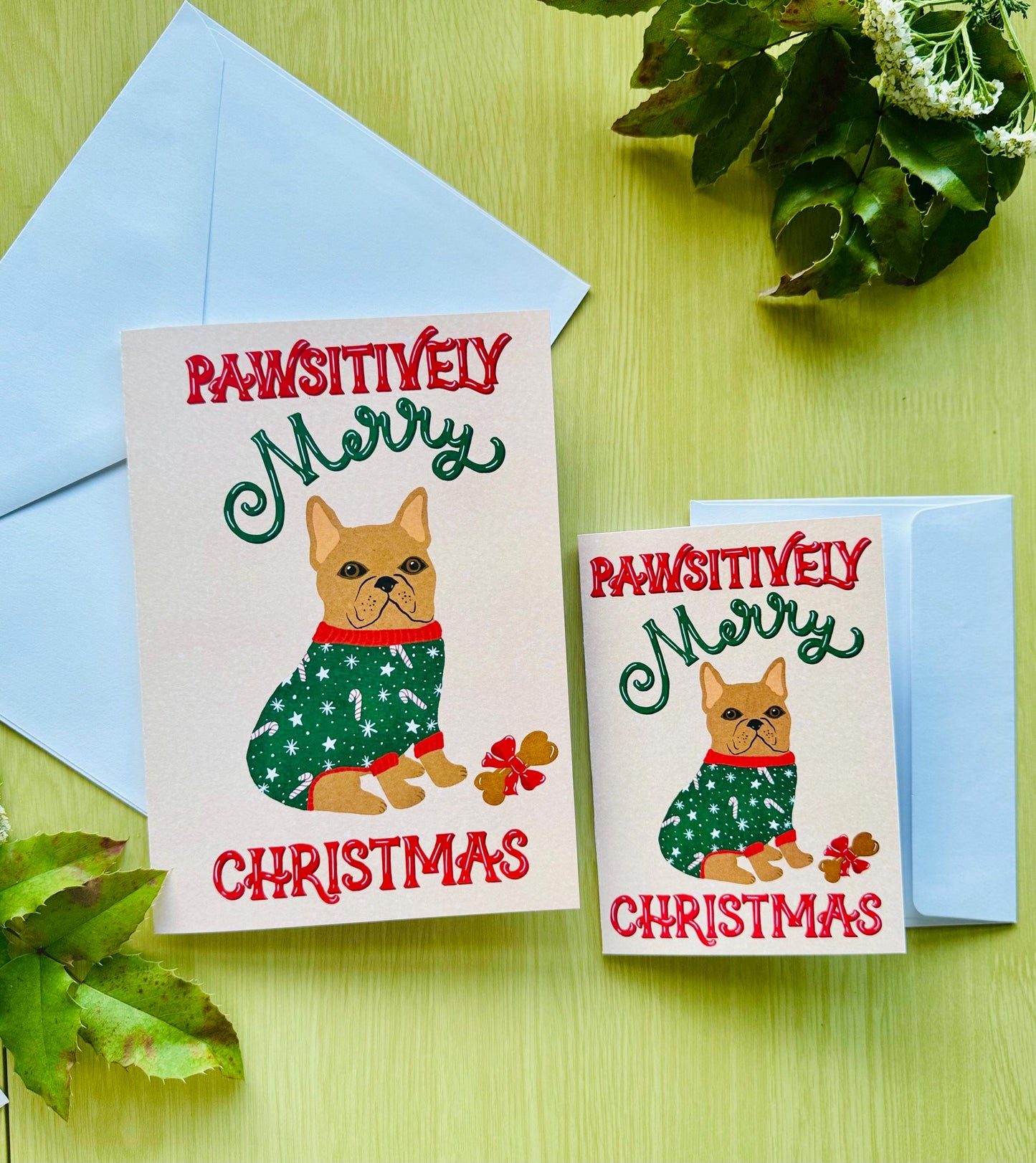 Pawsitively Merry Christmas Christmas Card – Cute Dog Illustration, Blank Inside with Envelope