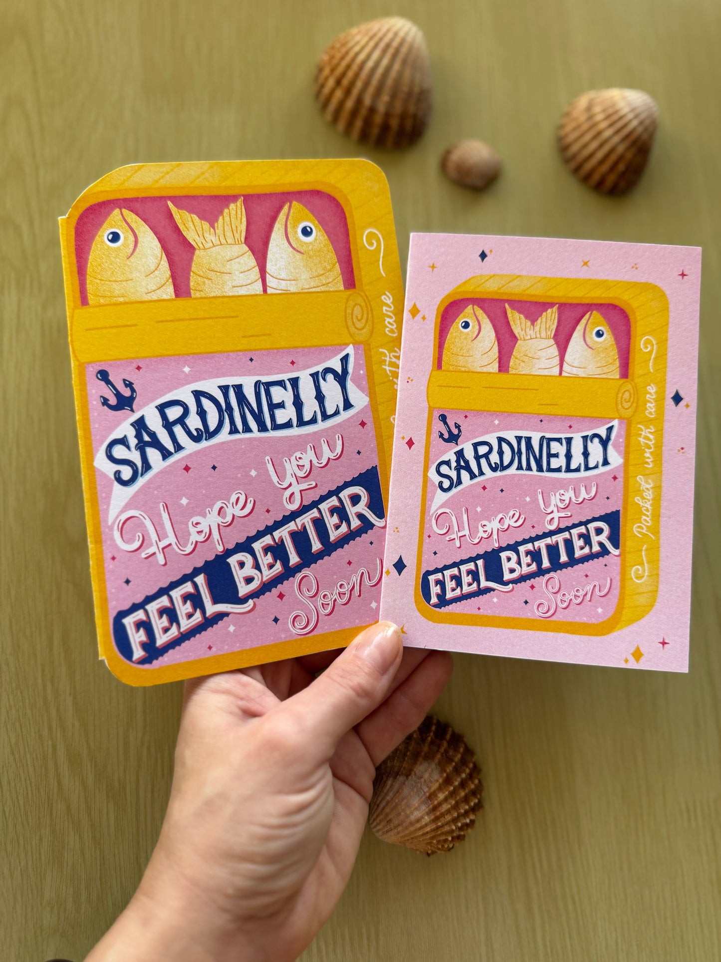 Get Well Soon Card – Sardine Tin Shape or Standard Card | “Sardinelly Hope You Feel Better Soon” | Pink & Yellow Cute Card