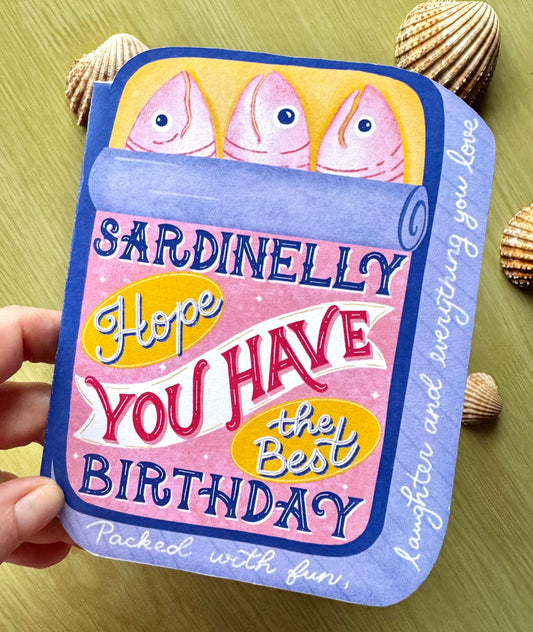 Sardine Tin-Shaped Birthday Card – Whimsical Hand-Drawn Illustration | Blue Tin with 3 Sardines | By Romy Honc