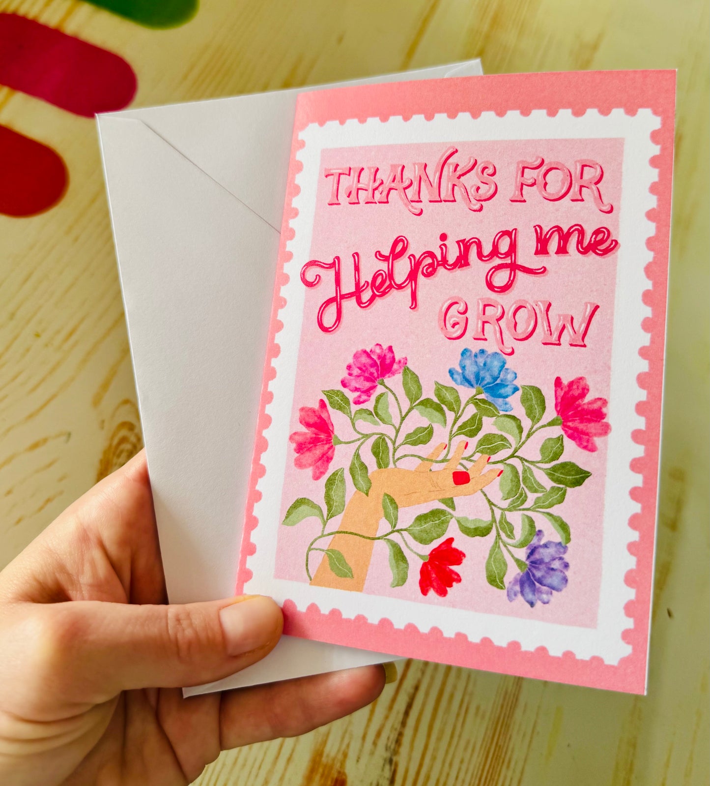 Mother’s Day Card – Thanks for Helping Me Grow | Floral Hand Illustration | Pink Stamp Style Greeting