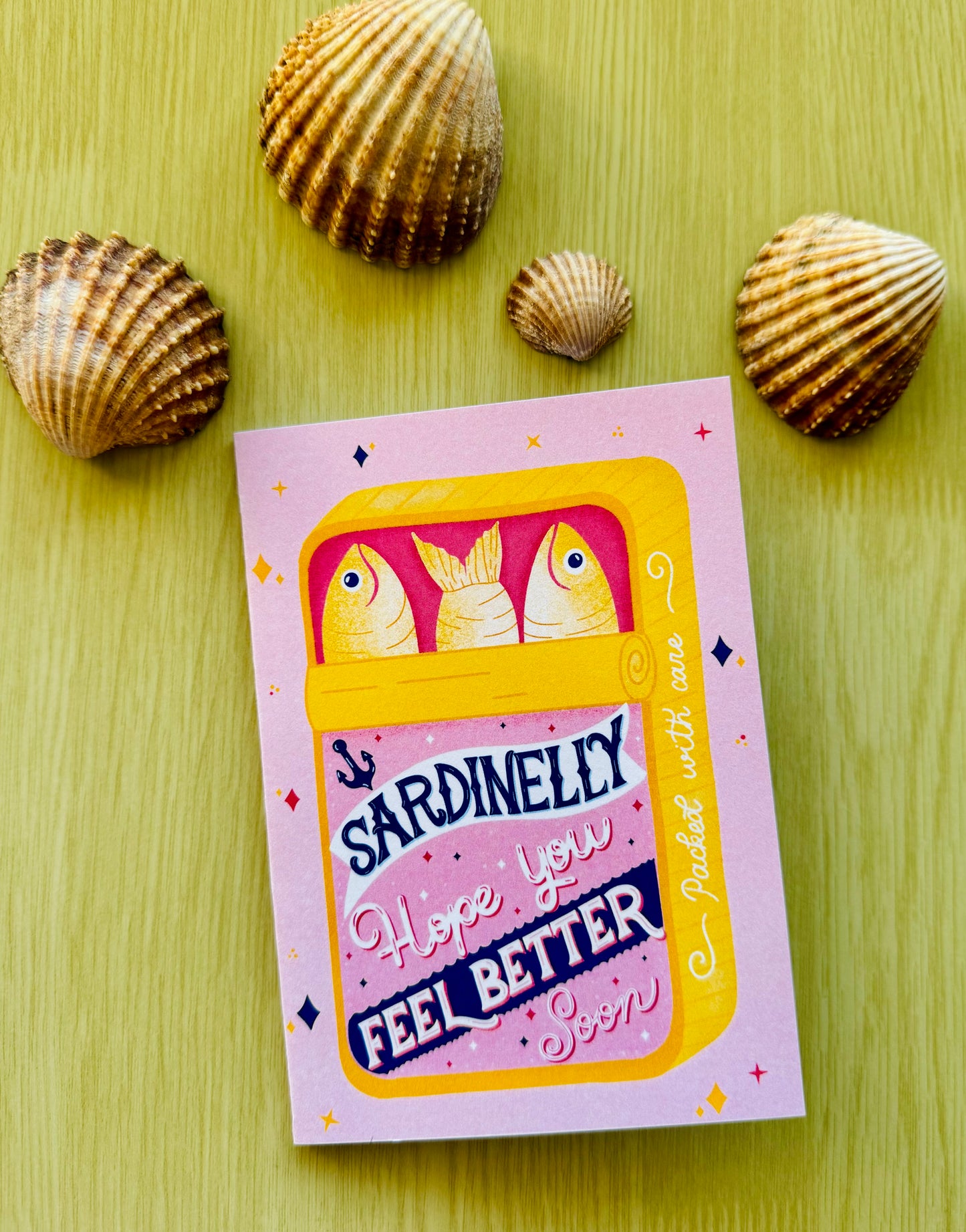 Get Well Soon Card – Sardine Tin Shape or Standard Card | “Sardinelly Hope You Feel Better Soon” | Pink & Yellow Cute Card
