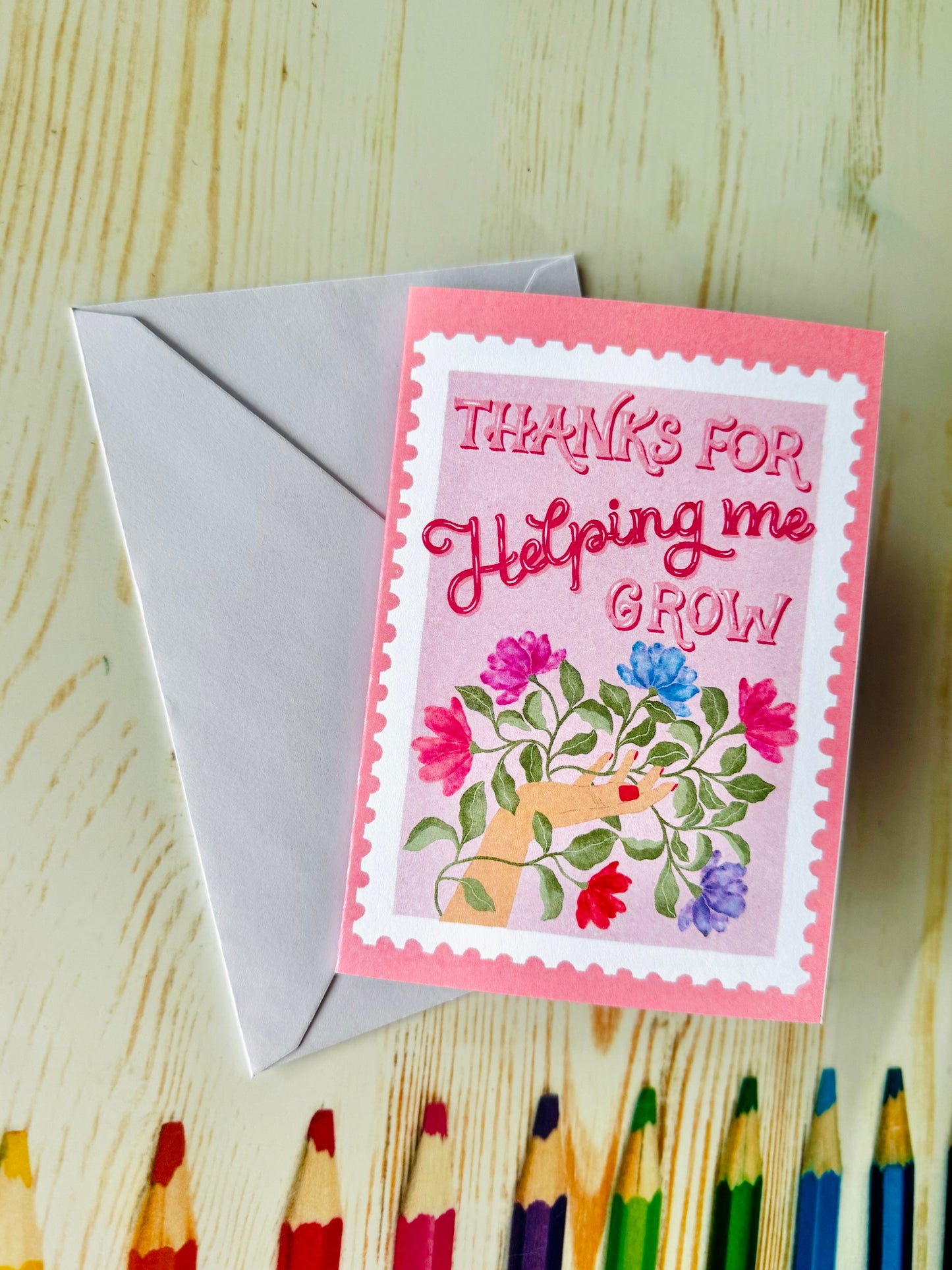 Mother’s Day Card – Thanks for Helping Me Grow | Floral Hand Illustration | Pink Stamp Style Greeting