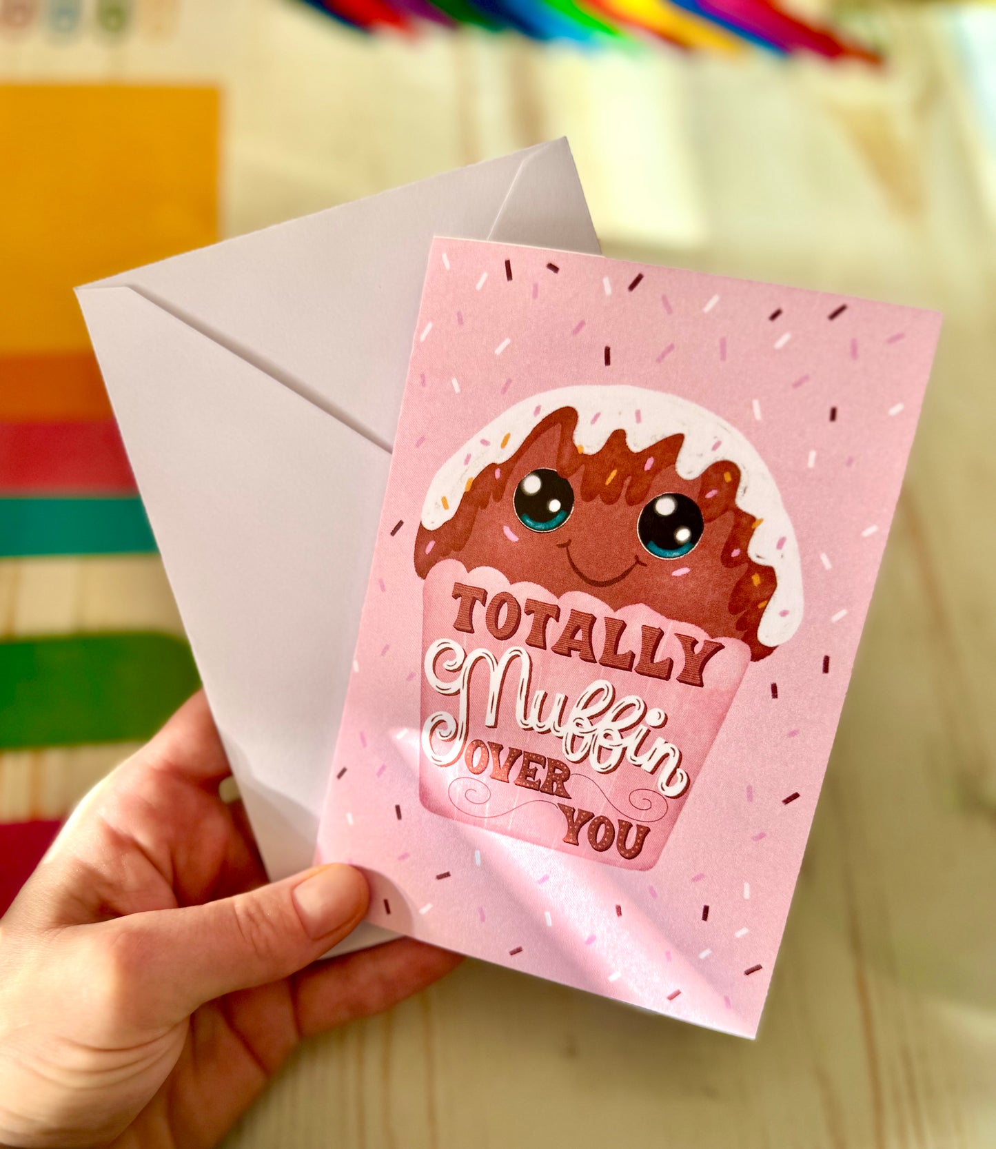 Muffin-Shaped Greeting Card – Cute Hand-Drawn Chocolate Muffin | Pink Wrapper with Topping | By Romy Honc