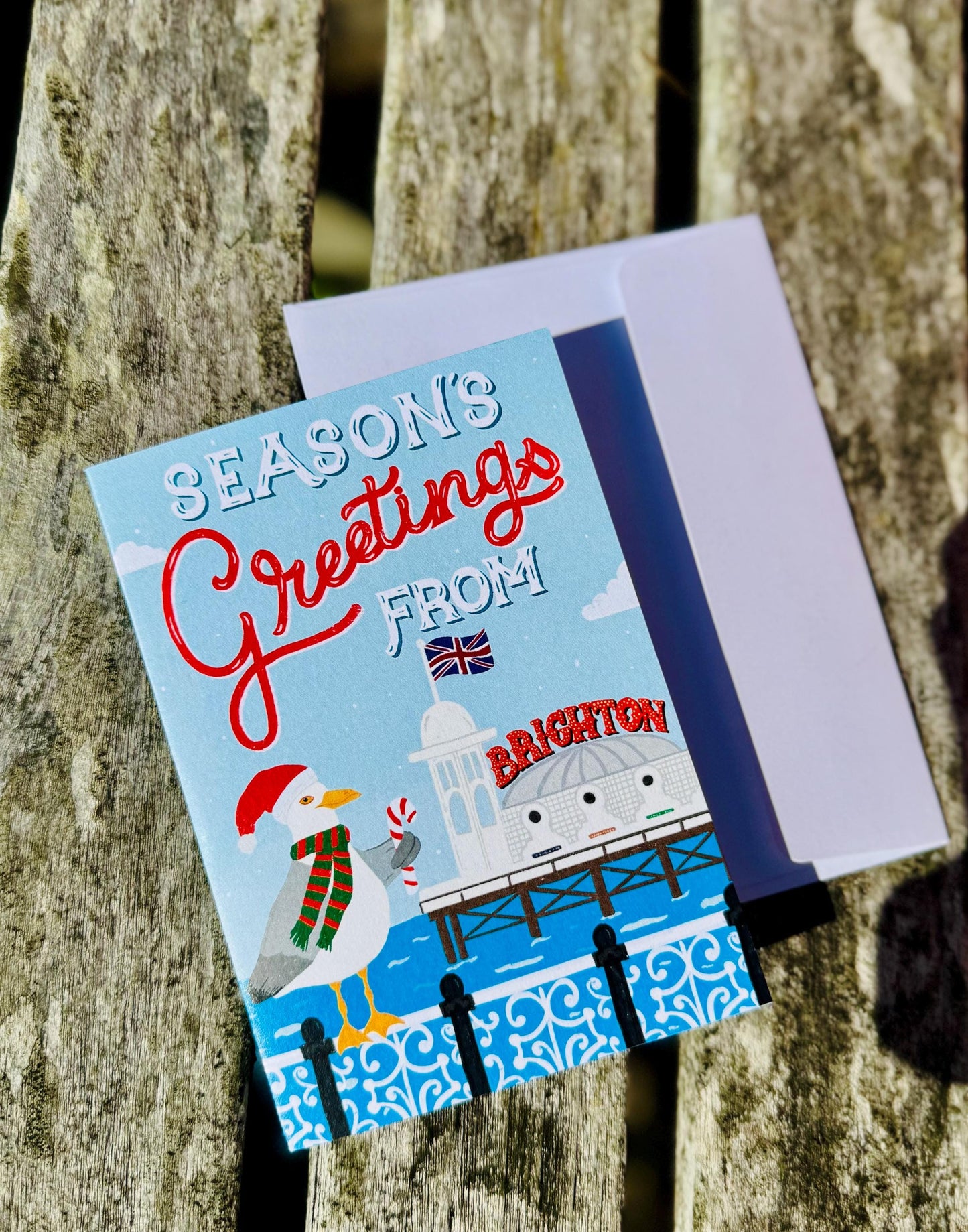 Seasons Greetings from Brighton Christmas Card – O Seaside Illustration, Blank Inside with Envelope