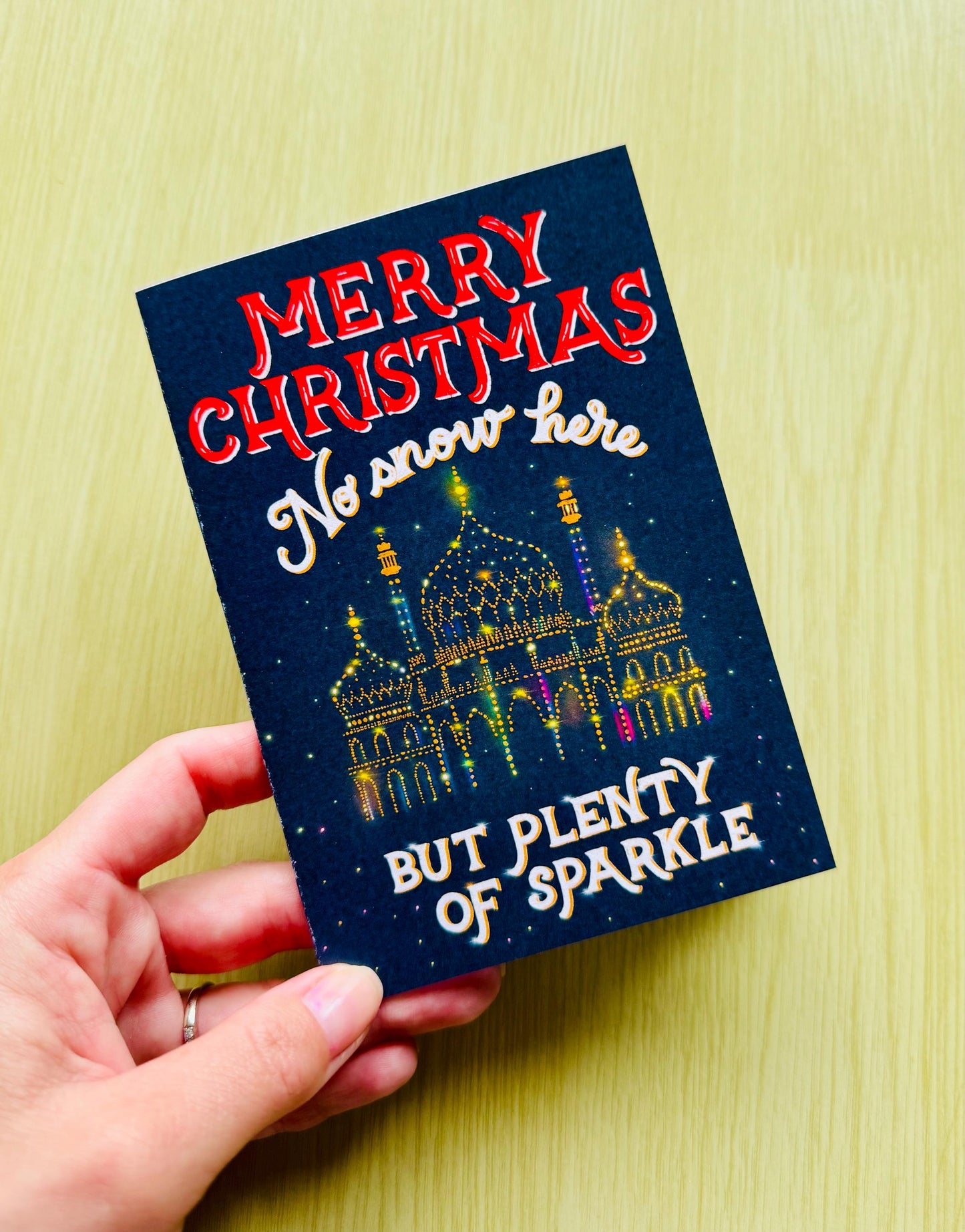 No Snow Here But Plenty of Sparkle Christmas Card – Brighton Palace Illustration, Blank Inside with Envelope