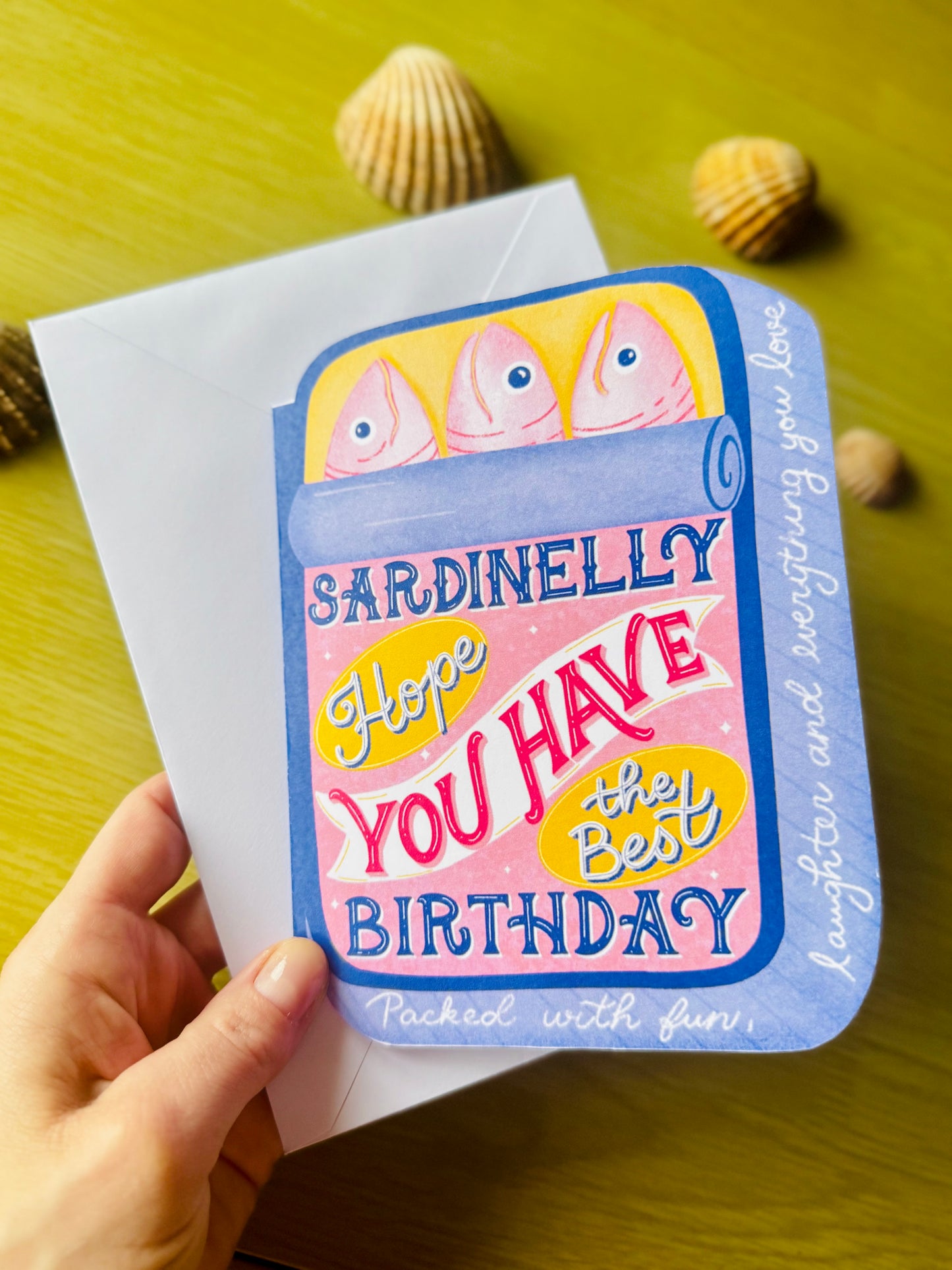 Sardine Tin-Shaped Birthday Card – Whimsical Hand-Drawn Illustration | Blue Tin with 3 Sardines | By Romy Honc