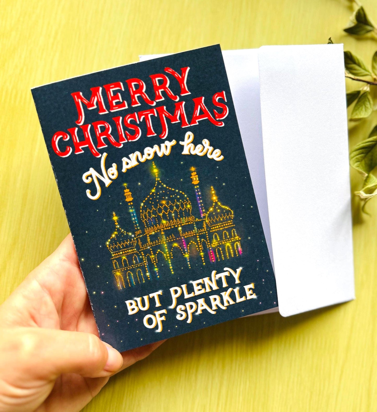 No Snow Here But Plenty of Sparkle Christmas Card – Brighton Palace Illustration, Blank Inside with Envelope