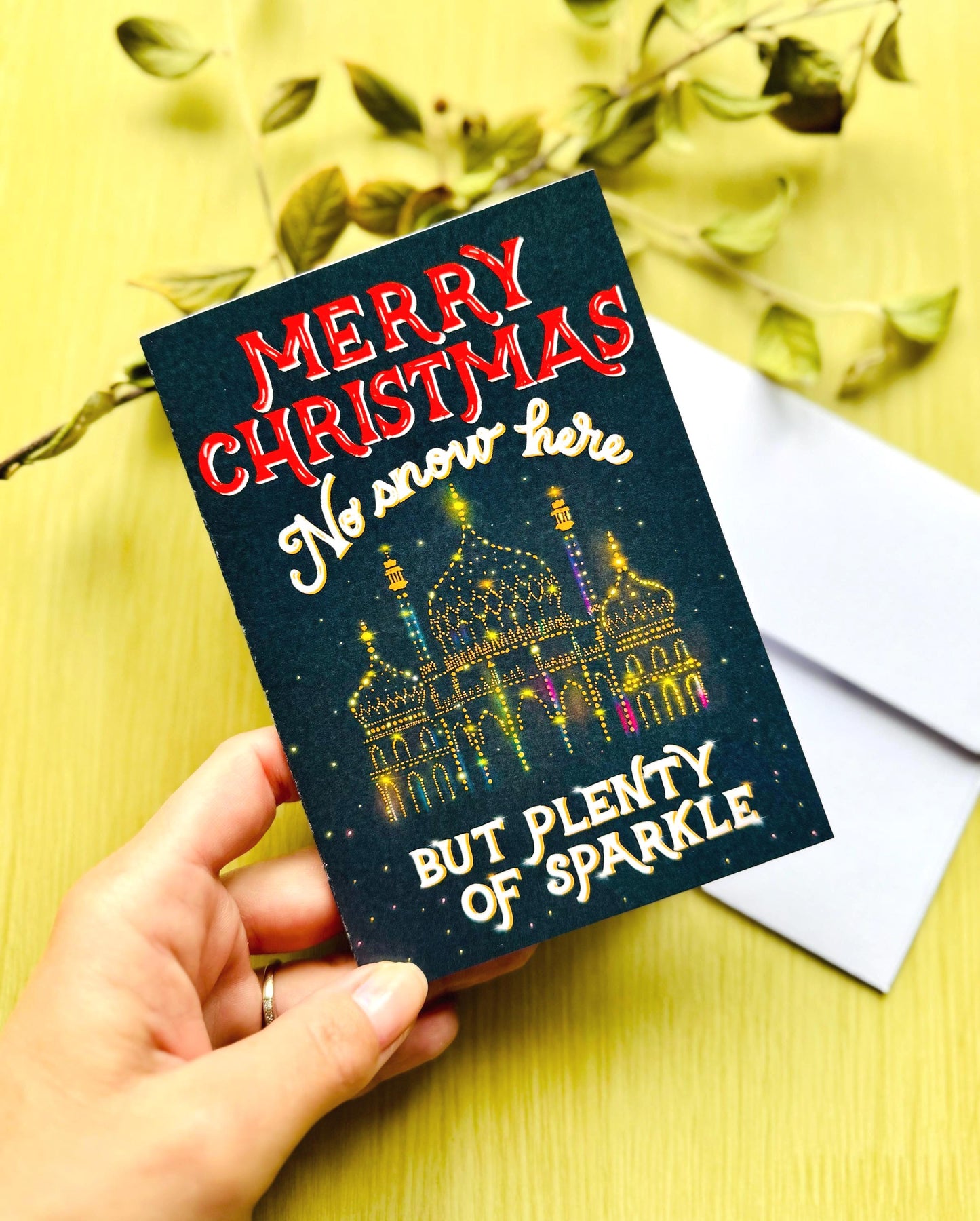 No Snow Here But Plenty of Sparkle Christmas Card – Brighton Palace Illustration, Blank Inside with Envelope