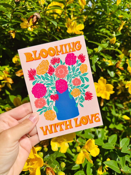 Handmade Blooming With Love Floral Card - Romantic Valentine Greeting Gift with Flowers Illustration for Wife & Husband