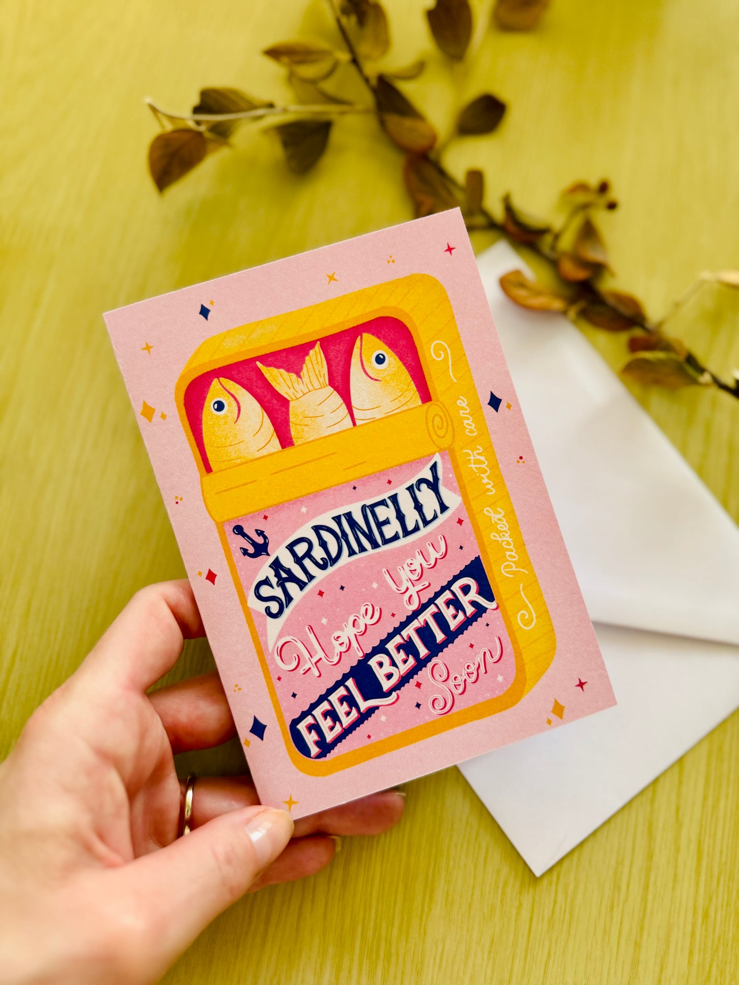 Get Well Soon Card – Sardine Tin Shape or Standard Card | “Sardinelly Hope You Feel Better Soon” | Pink & Yellow Cute Card