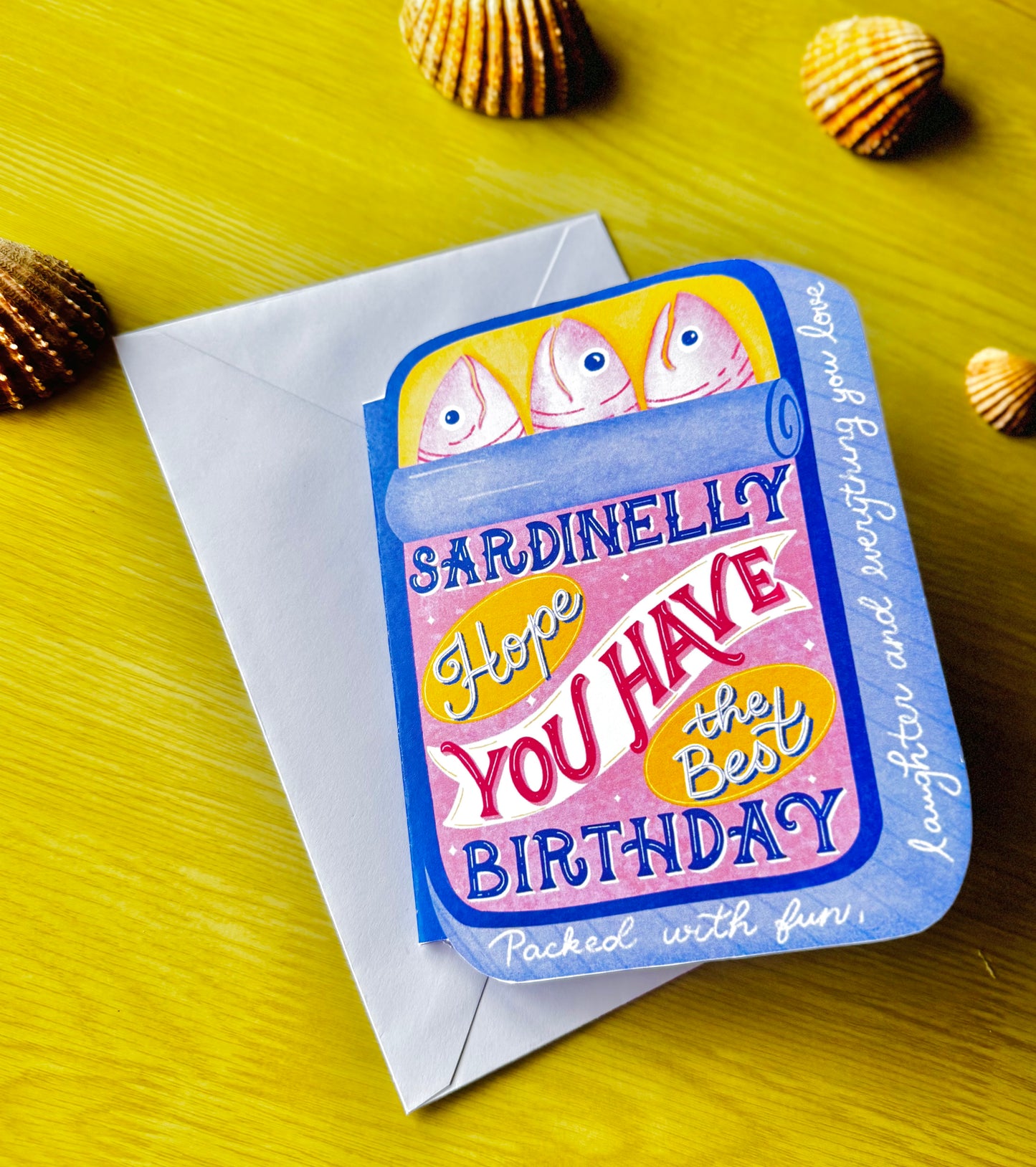 Sardine Tin-Shaped Birthday Card – Whimsical Hand-Drawn Illustration | Blue Tin with 3 Sardines | By Romy Honc