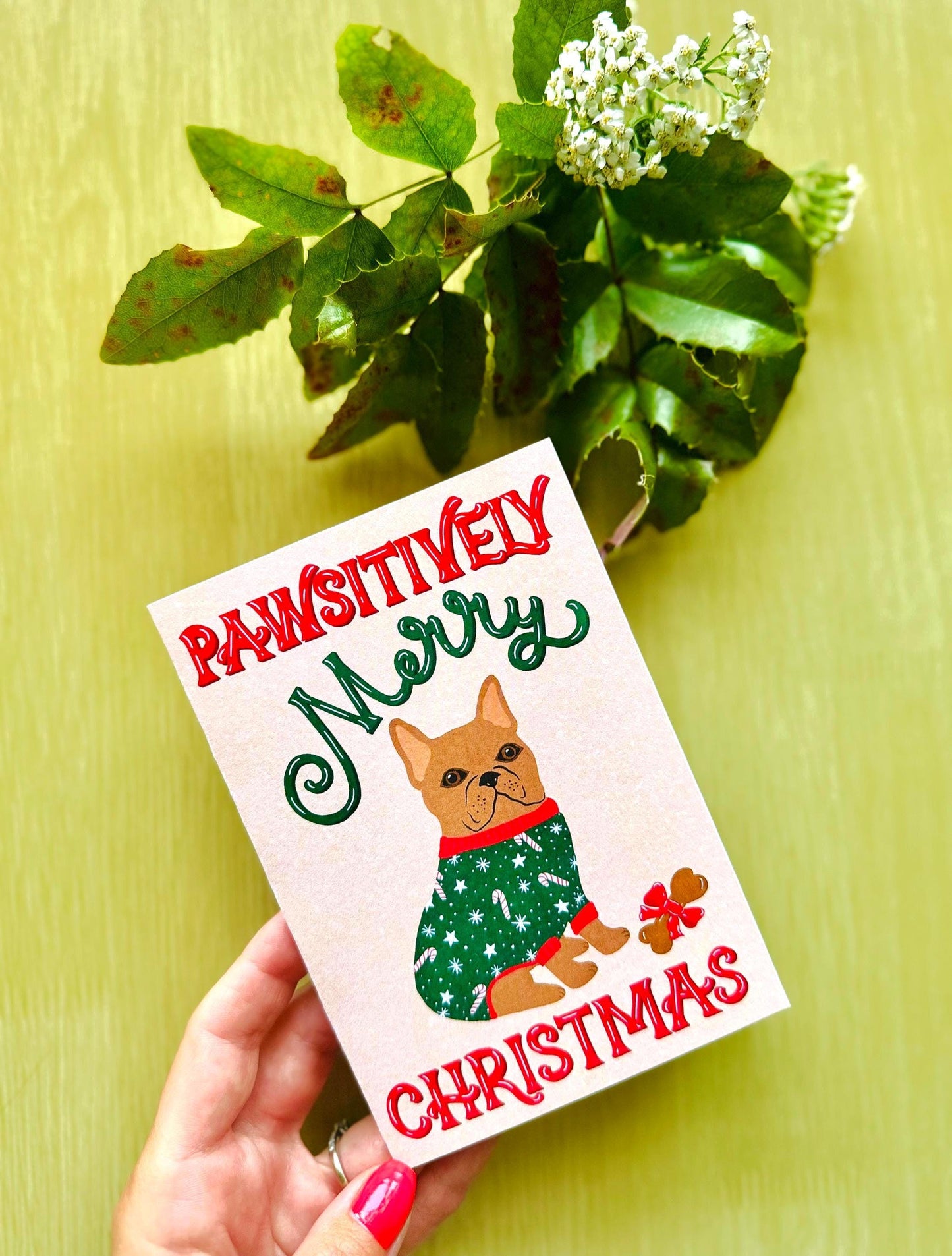 Pawsitively Merry Christmas Christmas Card – Cute Dog Illustration, Blank Inside with Envelope