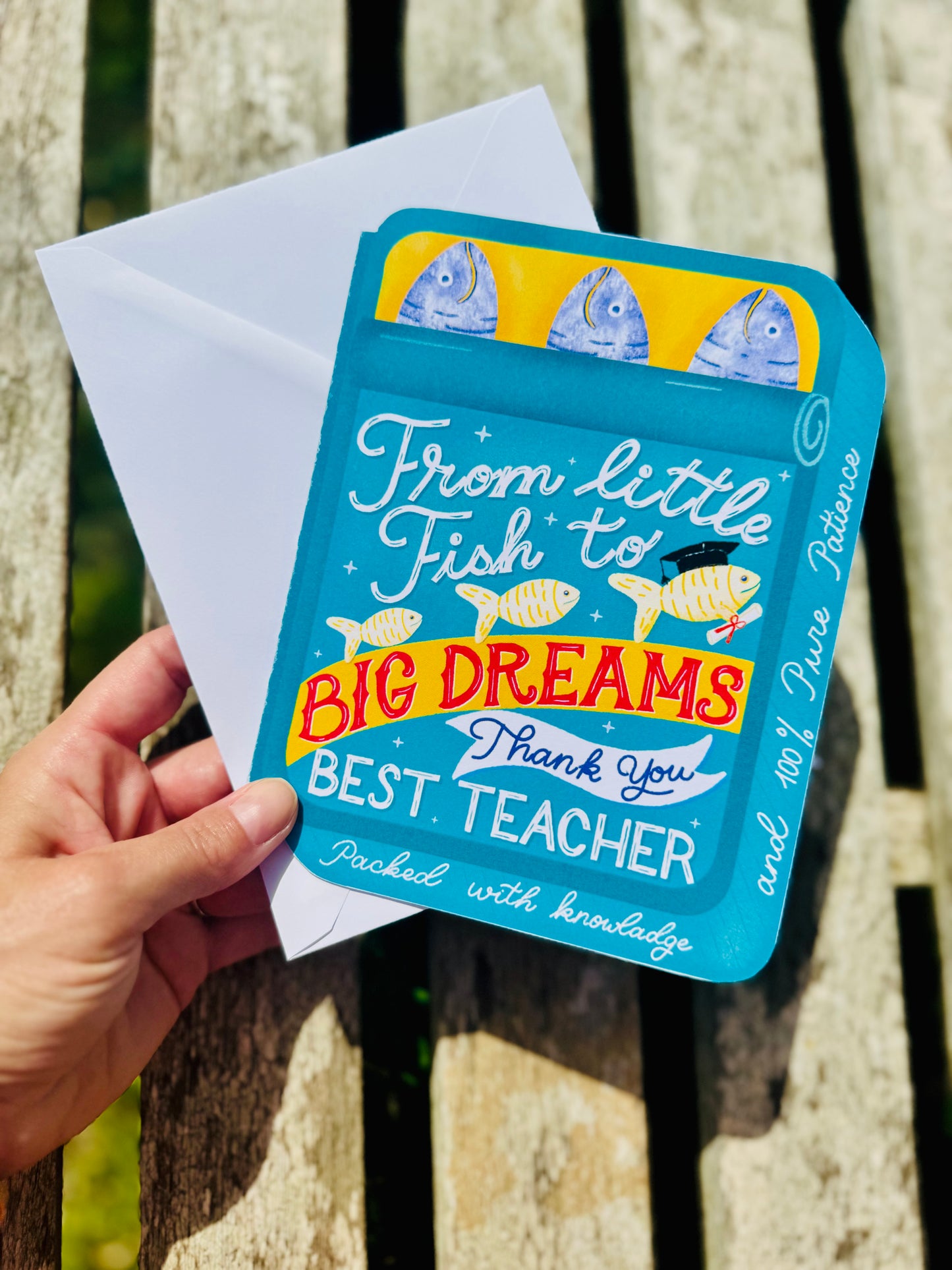 Teachers Thank you card - From Little Fish to Big Dreams – Sardine Tin Card & Surprise Bookmark Set