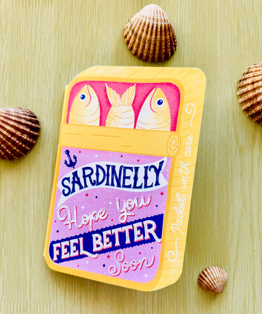 Get Well Soon Card – Sardine Tin Shape or Standard Card | “Sardinelly Hope You Feel Better Soon” | Pink & Yellow Cute Card