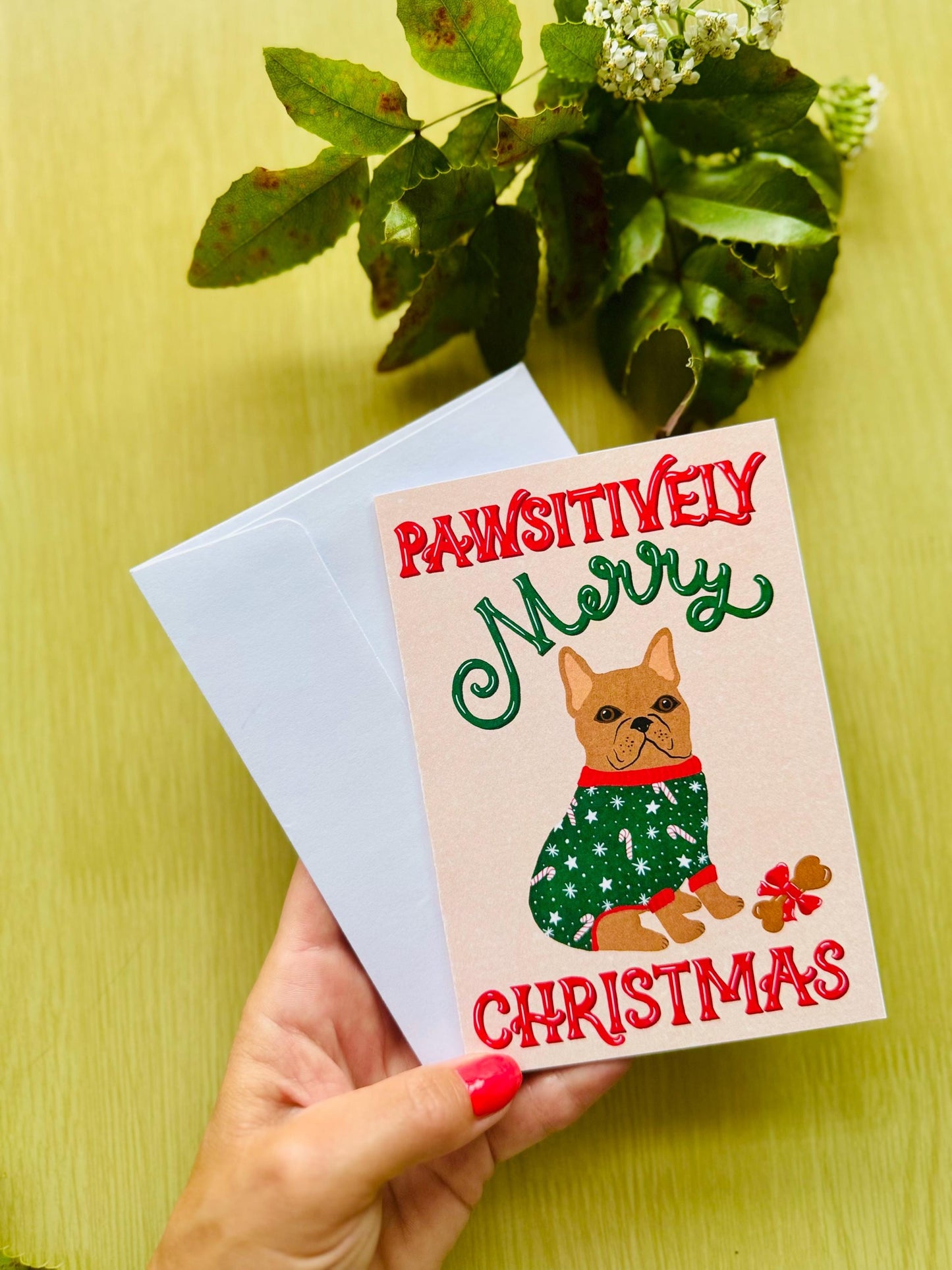 Pawsitively Merry Christmas Christmas Card – Cute Dog Illustration, Blank Inside with Envelope
