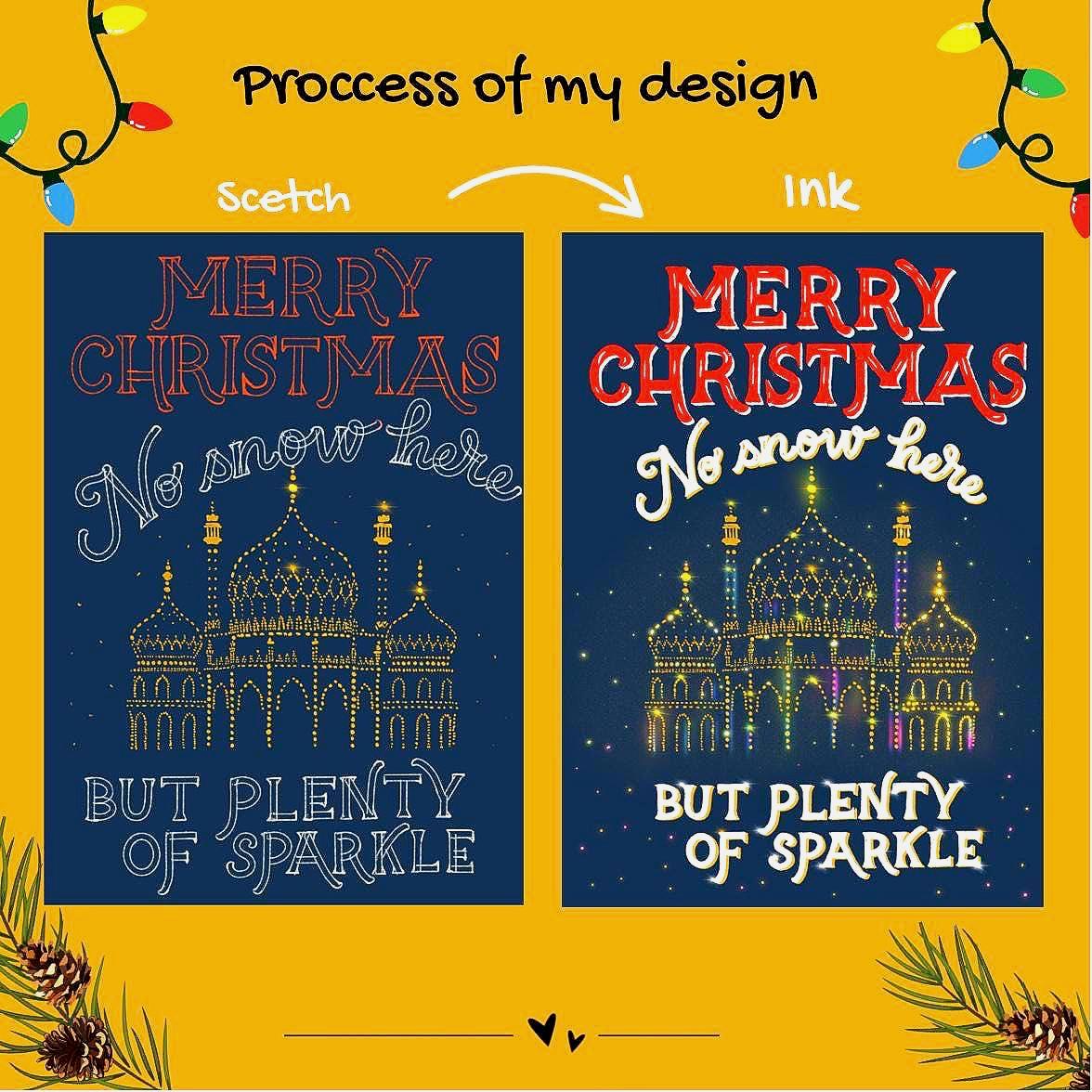 No Snow Here But Plenty of Sparkle Christmas Card – Brighton Palace Illustration, Blank Inside with Envelope