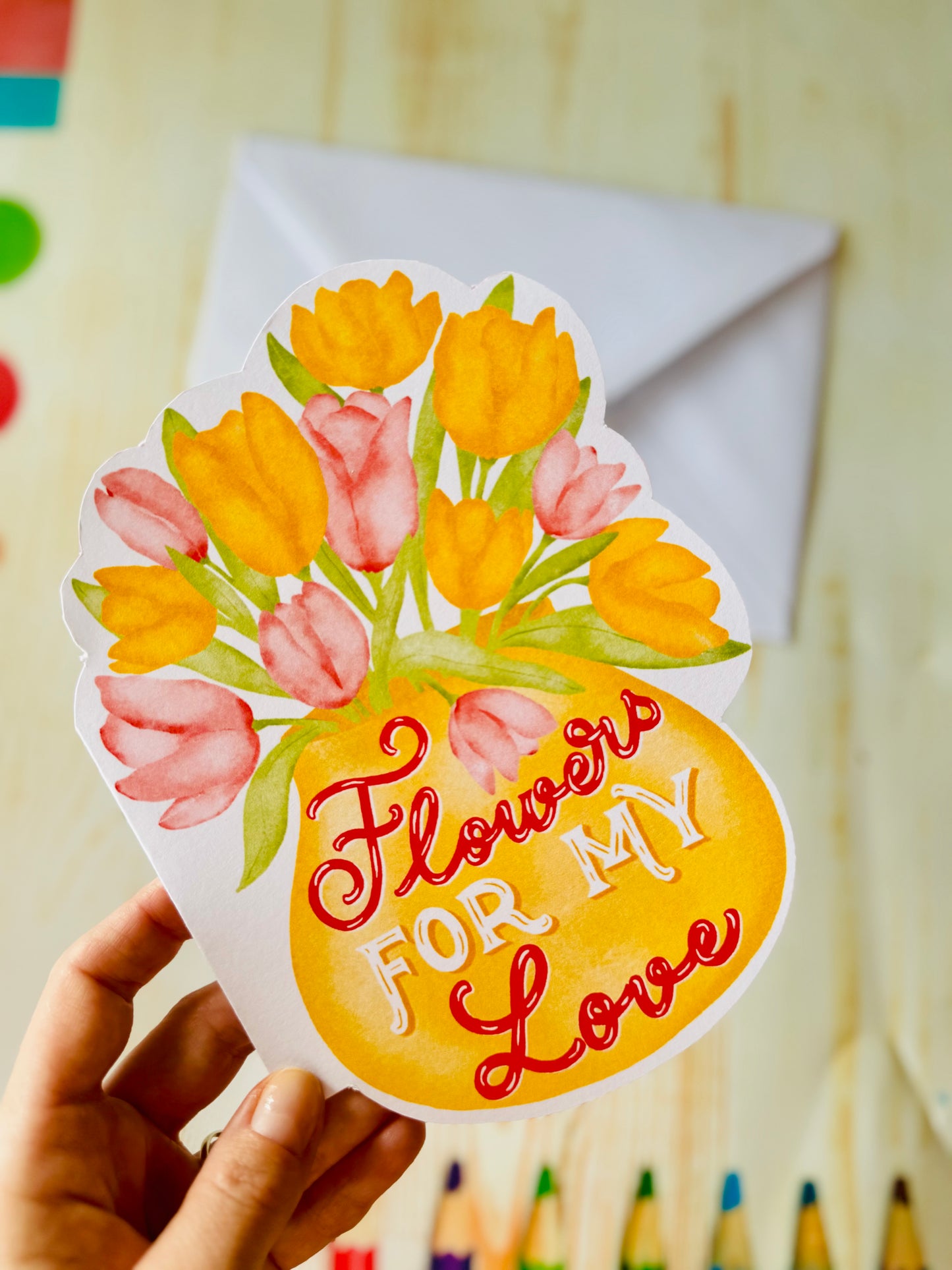 Unique Shaped Floral Greeting Card, Hand Illustrated , Anniversary Love Card