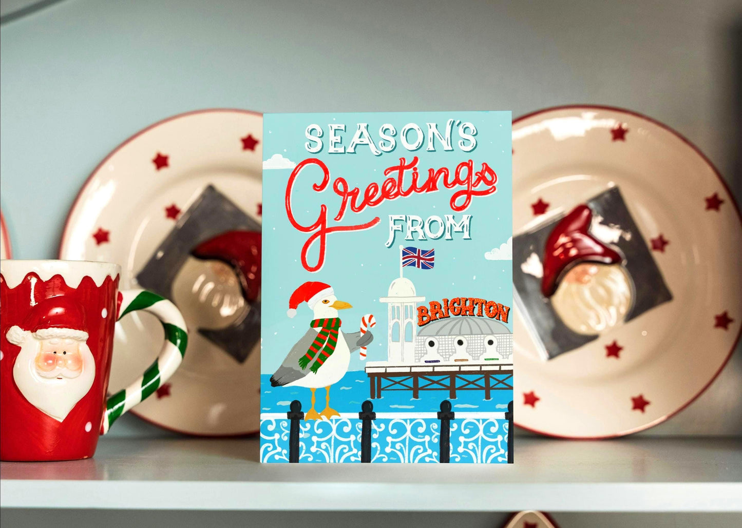 Seasons Greetings from Brighton Christmas Card – O Seaside Illustration, Blank Inside with Envelope