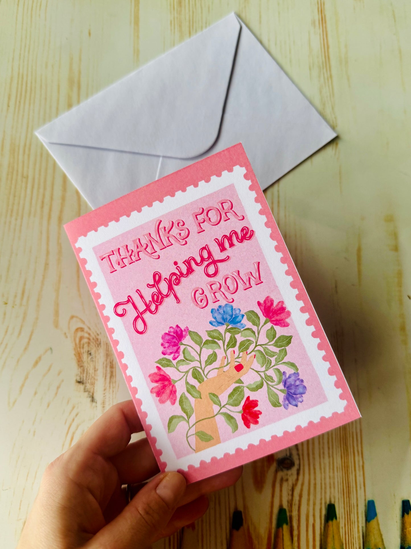 Mother’s Day Card – Thanks for Helping Me Grow | Floral Hand Illustration | Pink Stamp Style Greeting