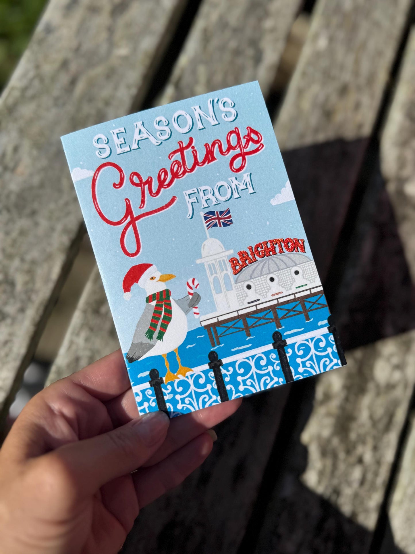 Seasons Greetings from Brighton Christmas Card – O Seaside Illustration, Blank Inside with Envelope