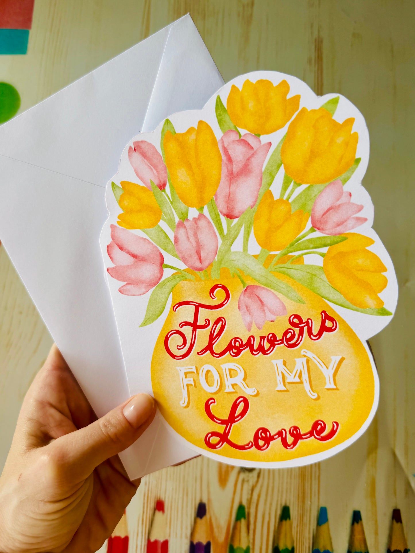 Unique Shaped Floral Greeting Card, Hand Illustrated , Anniversary Love Card