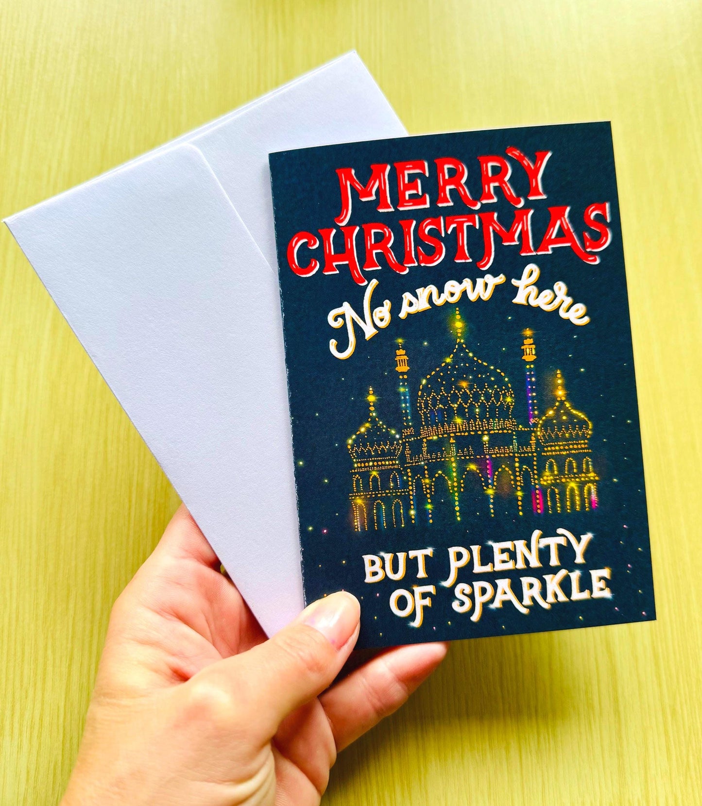 No Snow Here But Plenty of Sparkle Christmas Card – Brighton Palace Illustration, Blank Inside with Envelope