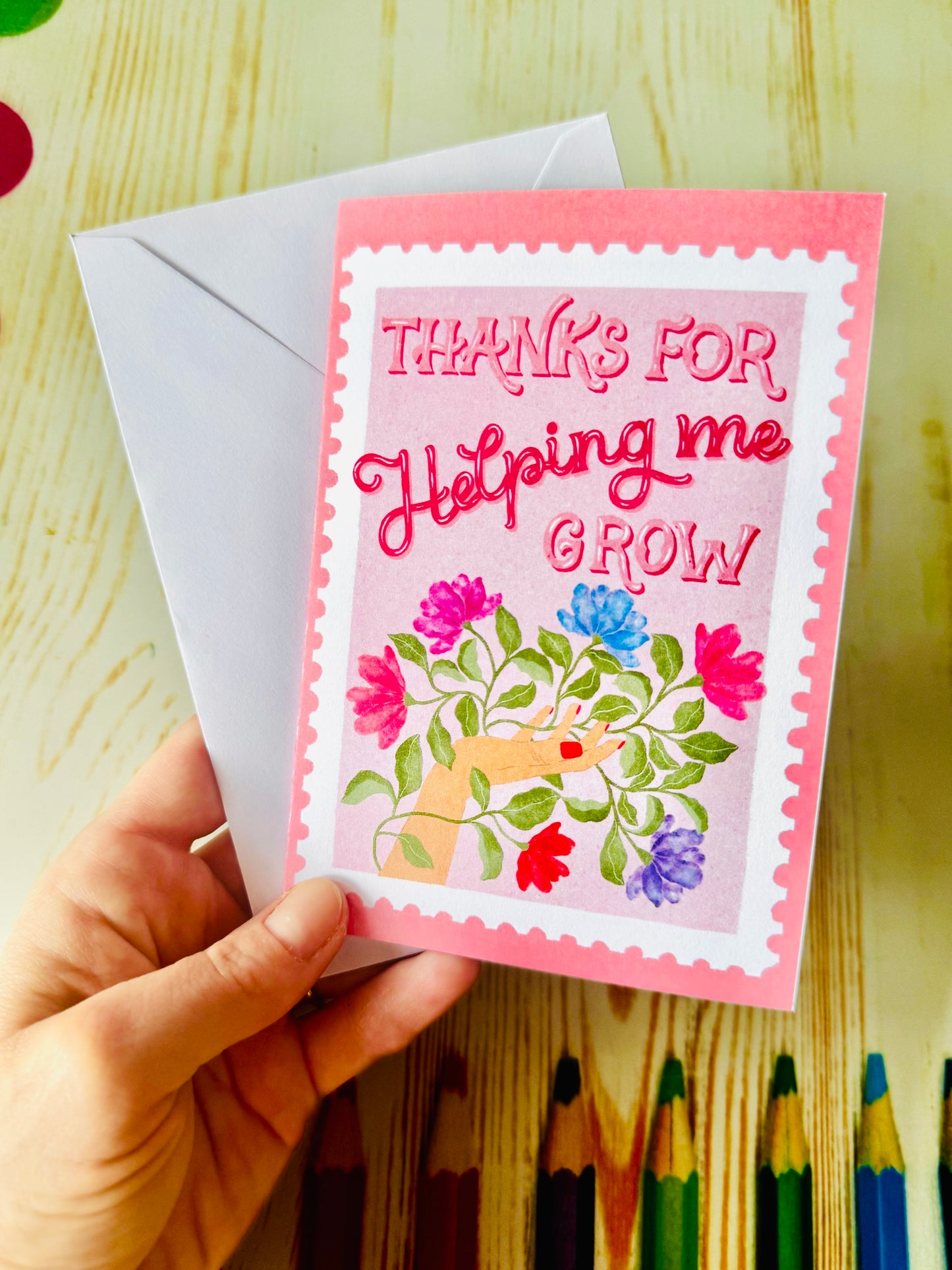 Mother’s Day Card – Thanks for Helping Me Grow | Floral Hand Illustration | Pink Stamp Style Greeting