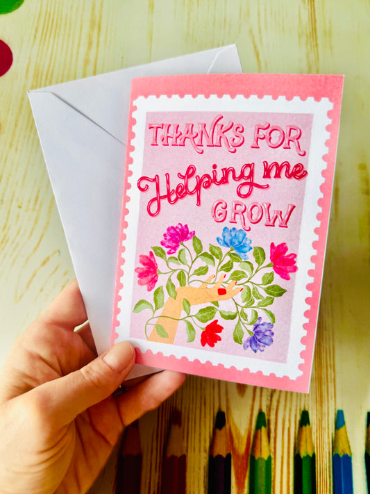 Mother’s Day Card – Thanks for Helping Me Grow | Floral Hand Illustration | Pink Stamp Style Greeting