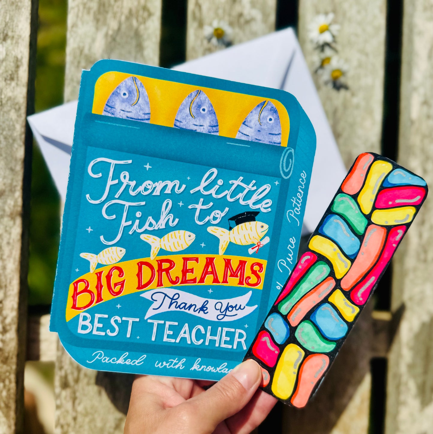 Teachers Thank you card - From Little Fish to Big Dreams – Sardine Tin Card & Surprise Bookmark Set