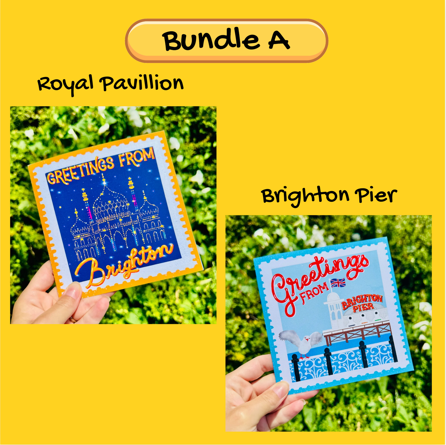 Two greeting cards, one with 'Royal Pavillion' and the other with 'Brighton Pier', held against a yellow background.