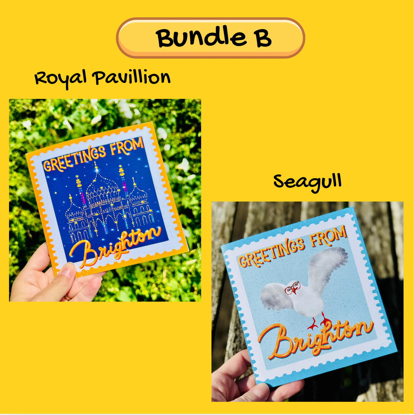 Two greeting cards with 'Greetings from Brighton' text, one featuring a pavilion and the other a seagull, held against a natural background.