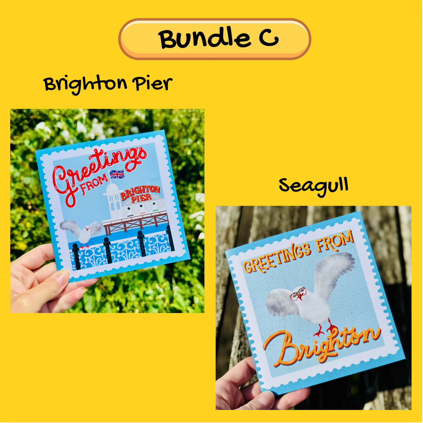 Two greeting cards with 'Greetings from Brighton Pier' and 'Seagull' designs on a yellow background.