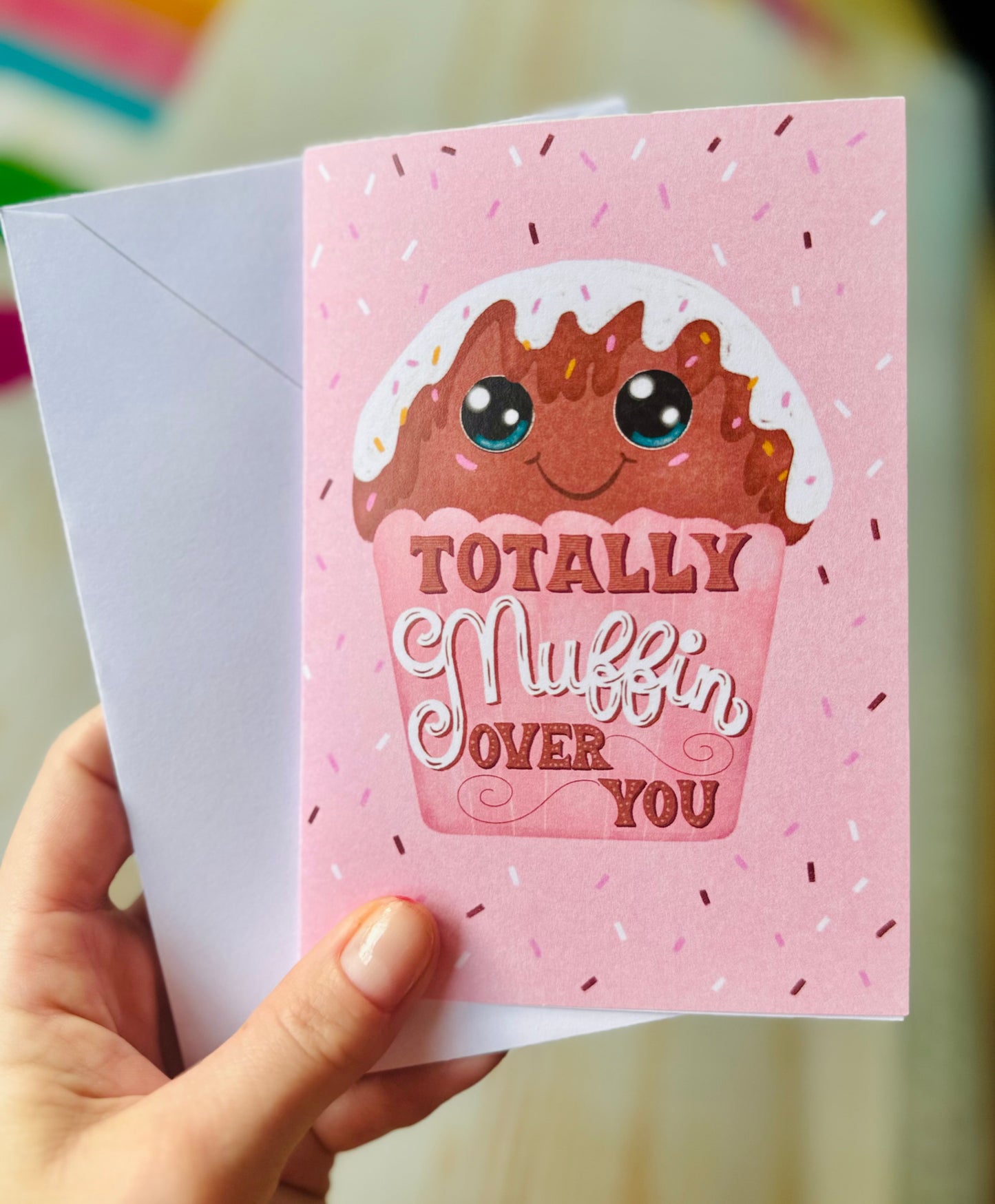 Muffin-Shaped Greeting Card – Cute Hand-Drawn Chocolate Muffin | Pink Wrapper with Topping | By Romy Honc