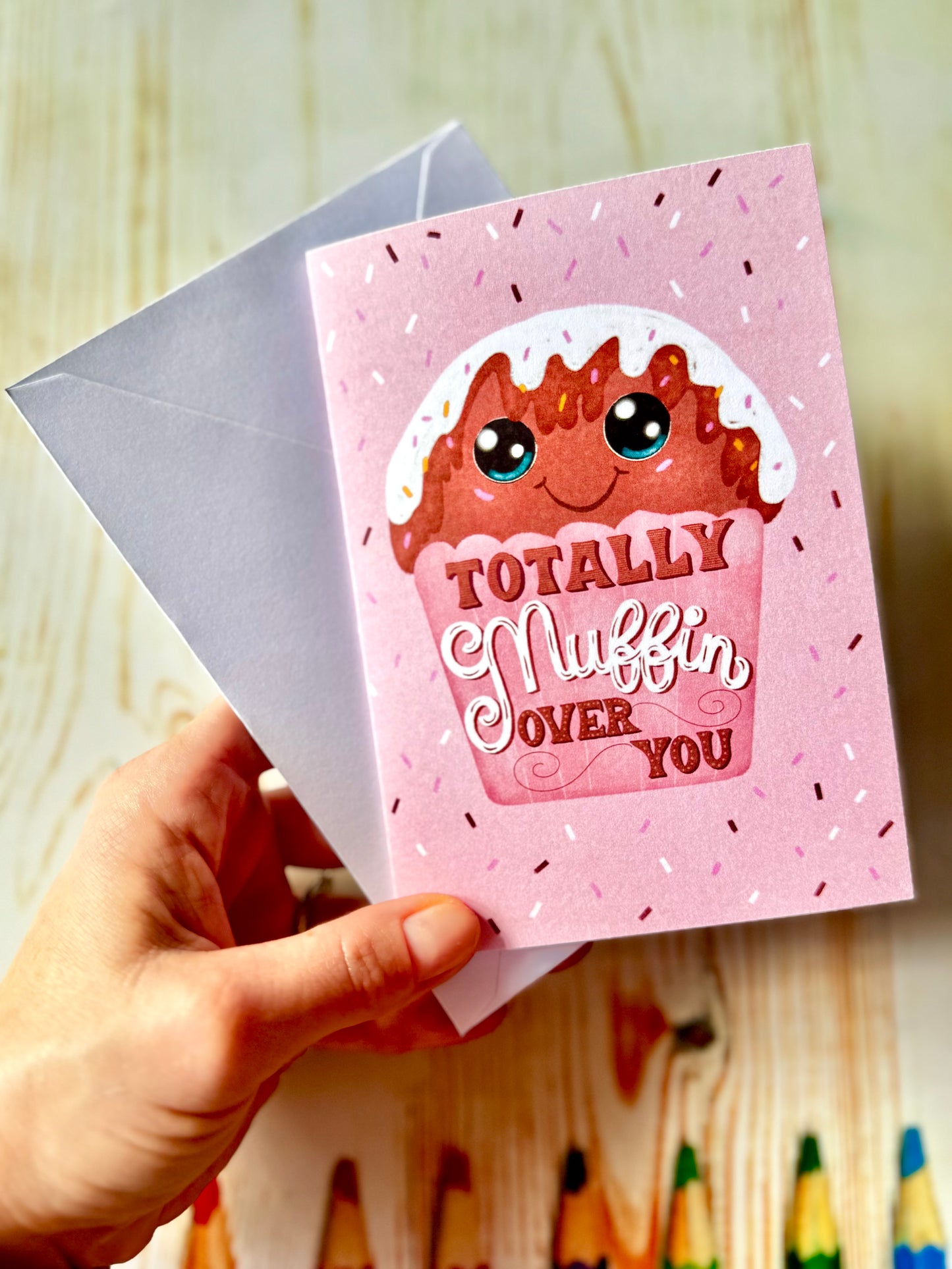 Muffin-Shaped Greeting Card – Cute Hand-Drawn Chocolate Muffin | Pink Wrapper with Topping | By Romy Honc