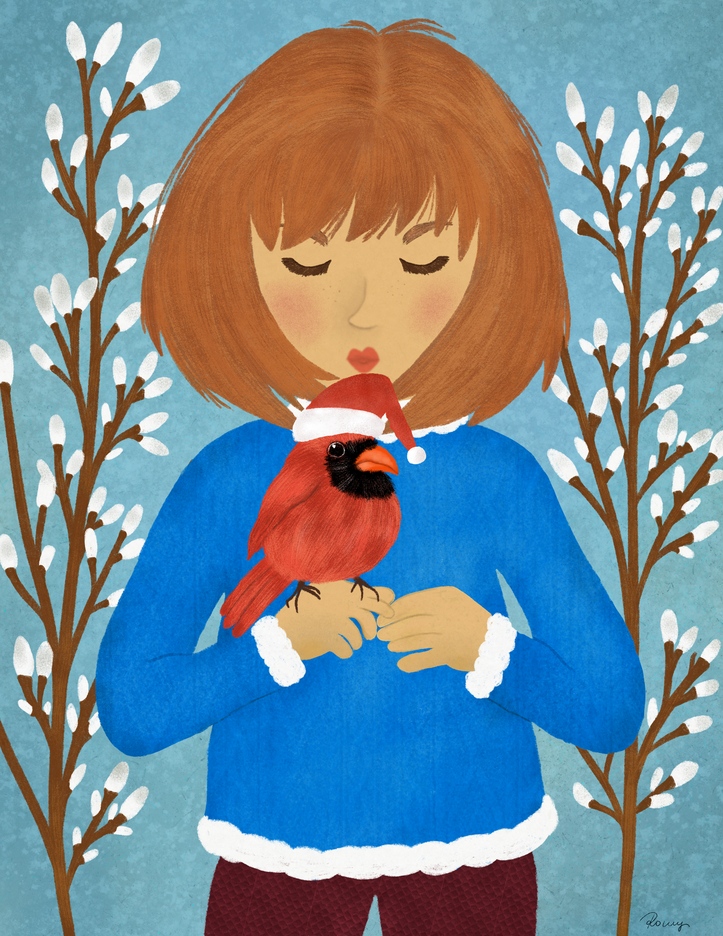 Illustration of a girl holding a red cardinal bird against a winter background with bare trees.