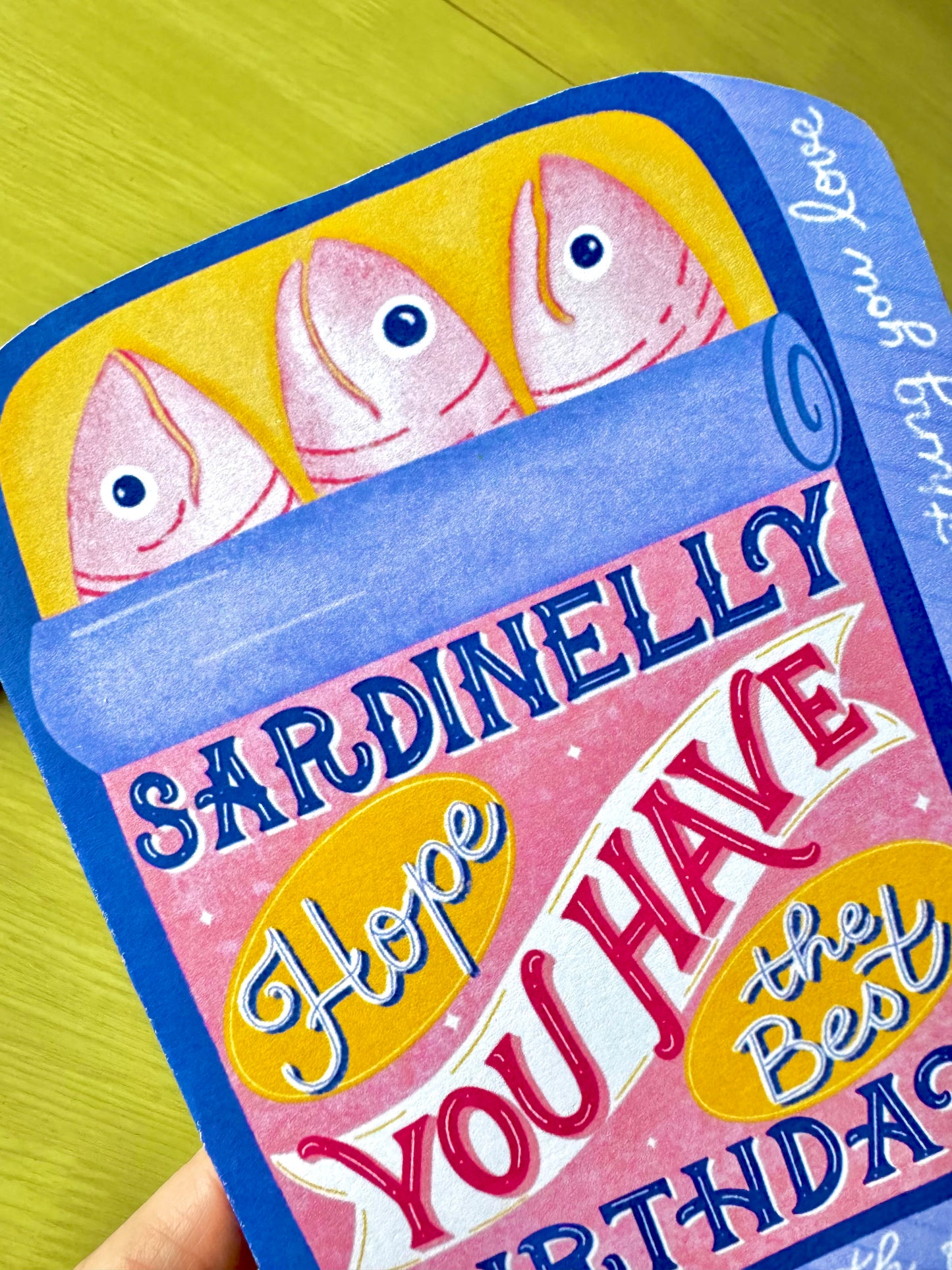 Sardine Tin-Shaped Birthday Card – Whimsical Hand-Drawn Illustration | Blue Tin with 3 Sardines | By Romy Honc