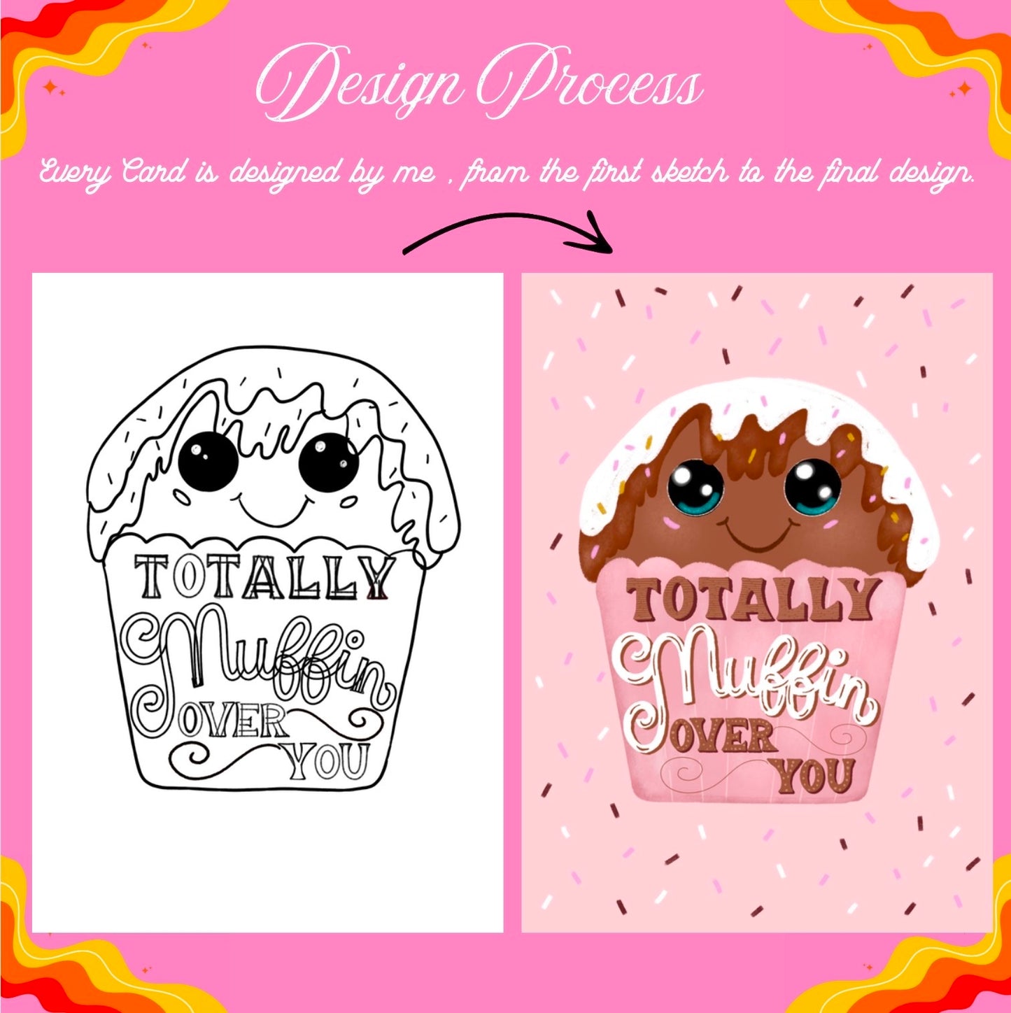 Muffin-Shaped Greeting Card – Cute Hand-Drawn Chocolate Muffin | Pink Wrapper with Topping | By Romy Honc