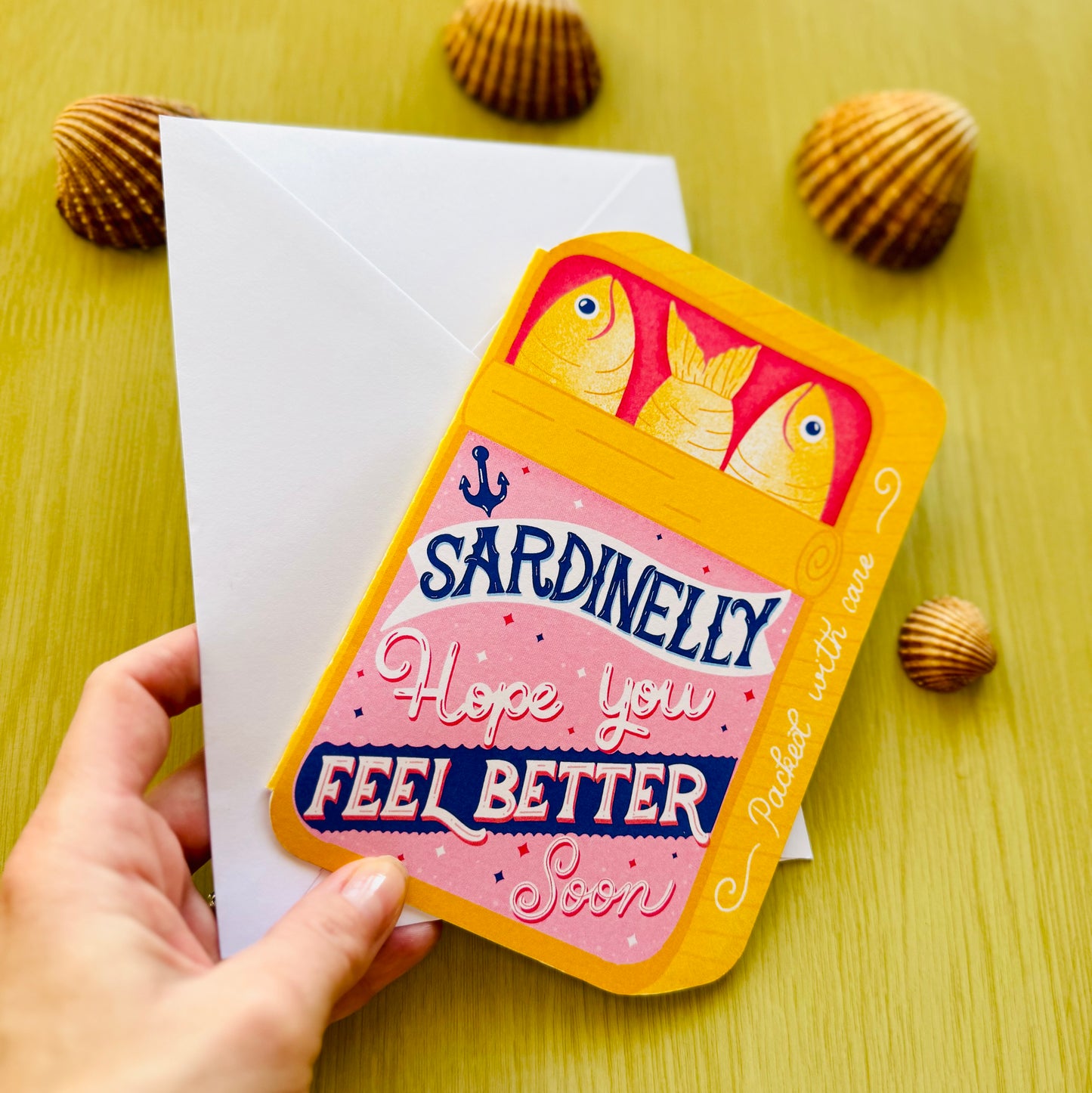 Get Well Soon Card – Sardine Tin Shape or Standard Card | “Sardinelly Hope You Feel Better Soon” | Pink & Yellow Cute Card
