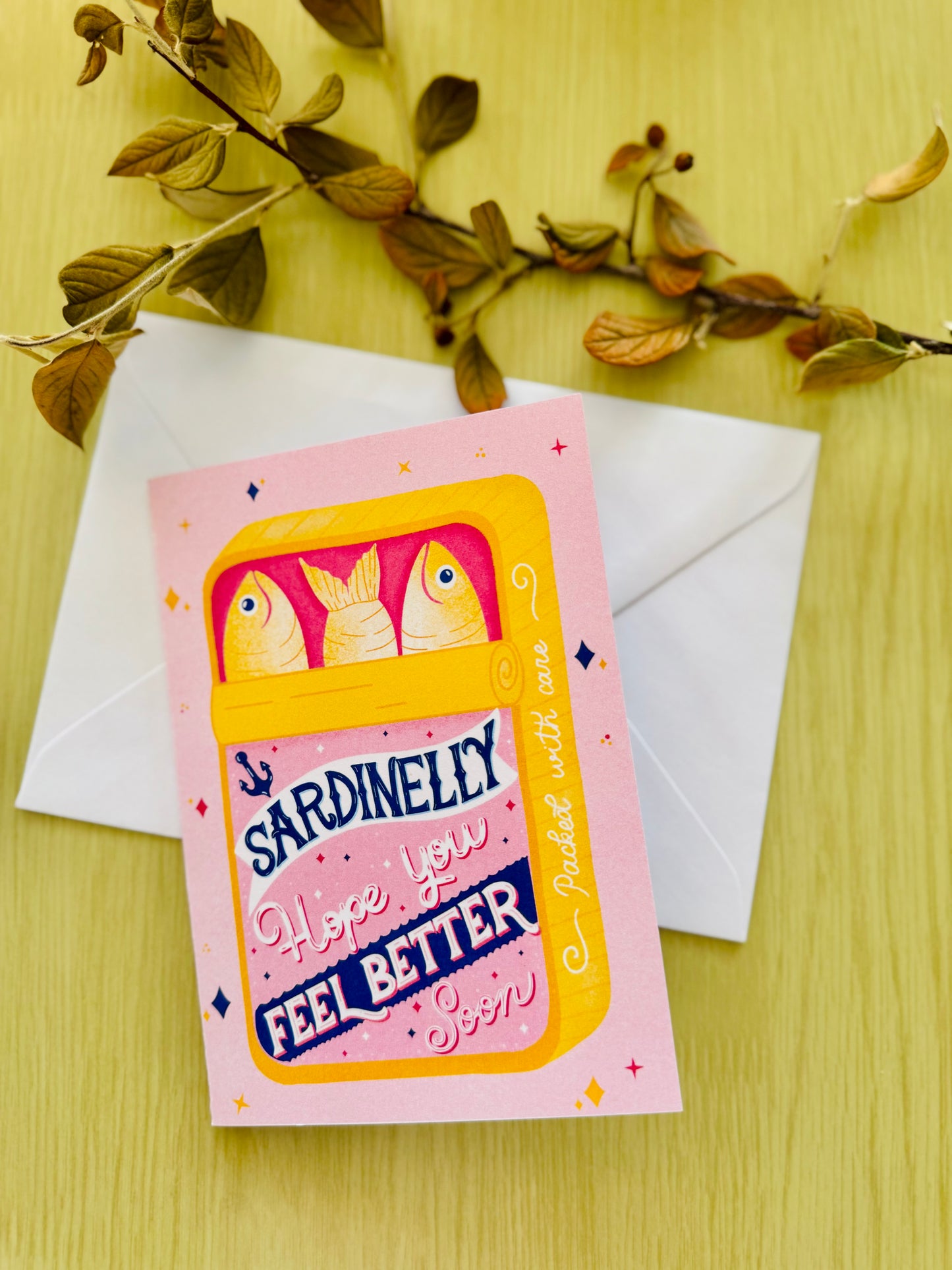 Get Well Soon Card – Sardine Tin Shape or Standard Card | “Sardinelly Hope You Feel Better Soon” | Pink & Yellow Cute Card