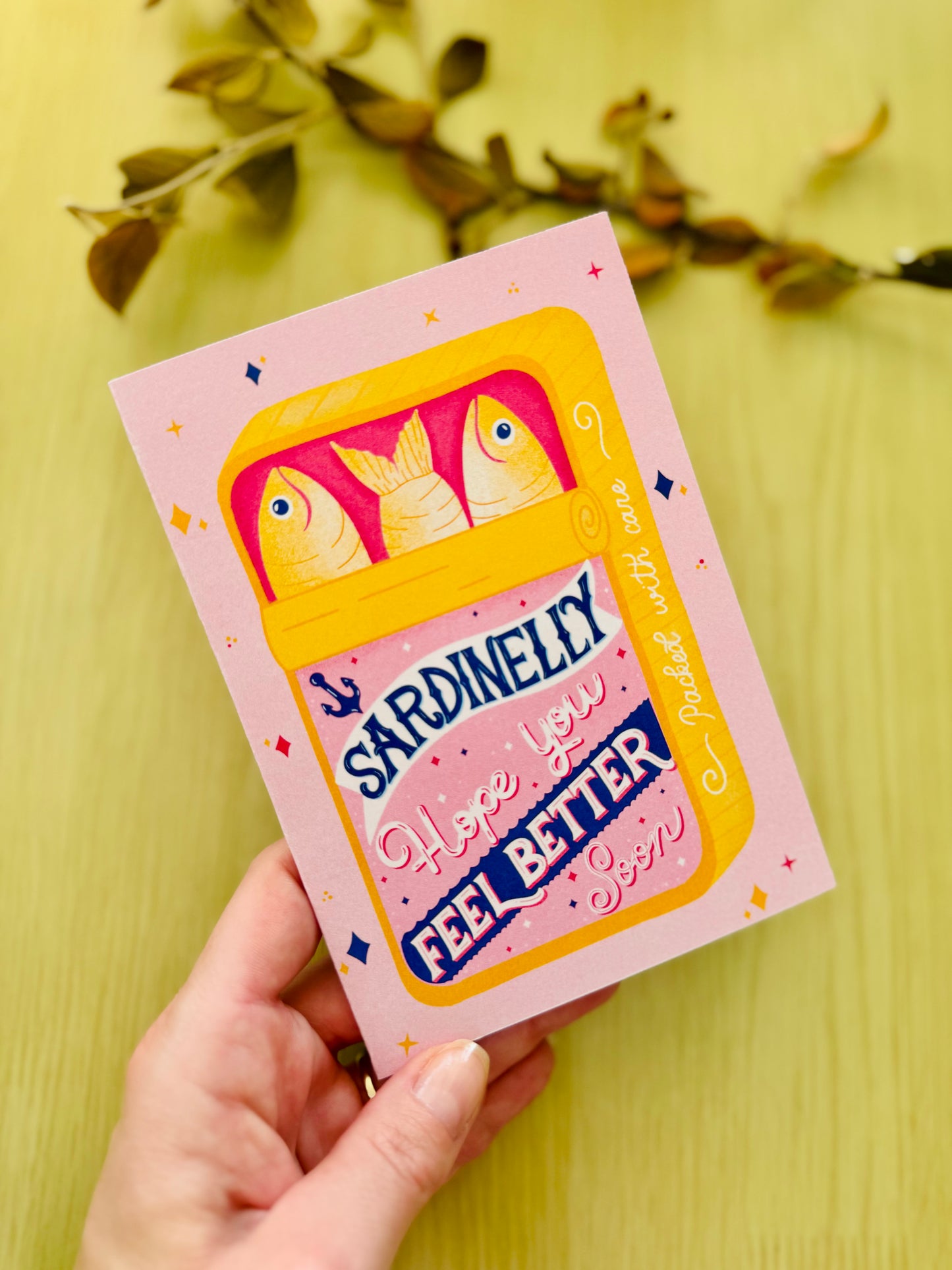 Get Well Soon Card – Sardine Tin Shape or Standard Card | “Sardinelly Hope You Feel Better Soon” | Pink & Yellow Cute Card