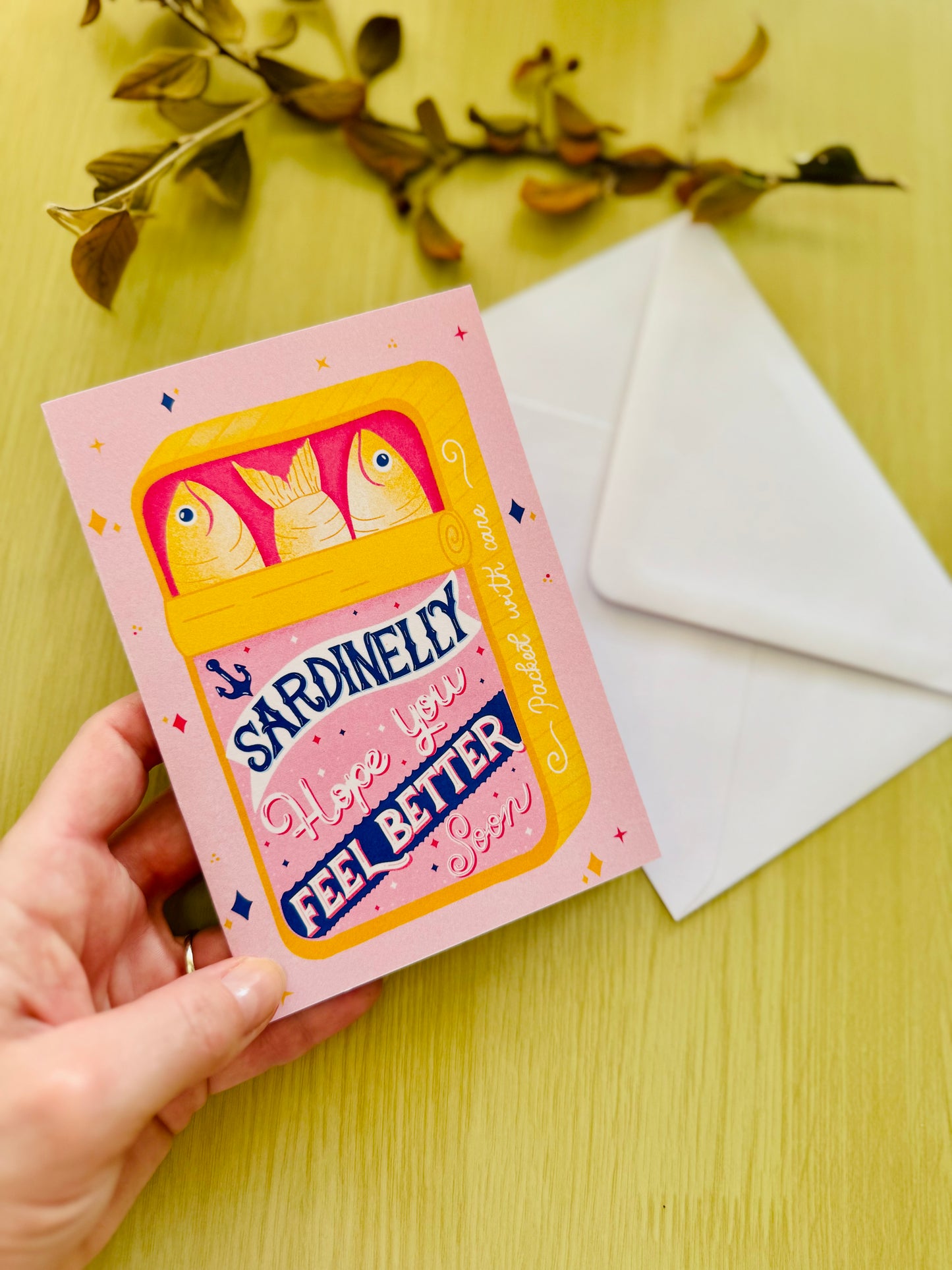 Get Well Soon Card – Sardine Tin Shape or Standard Card | “Sardinelly Hope You Feel Better Soon” | Pink & Yellow Cute Card