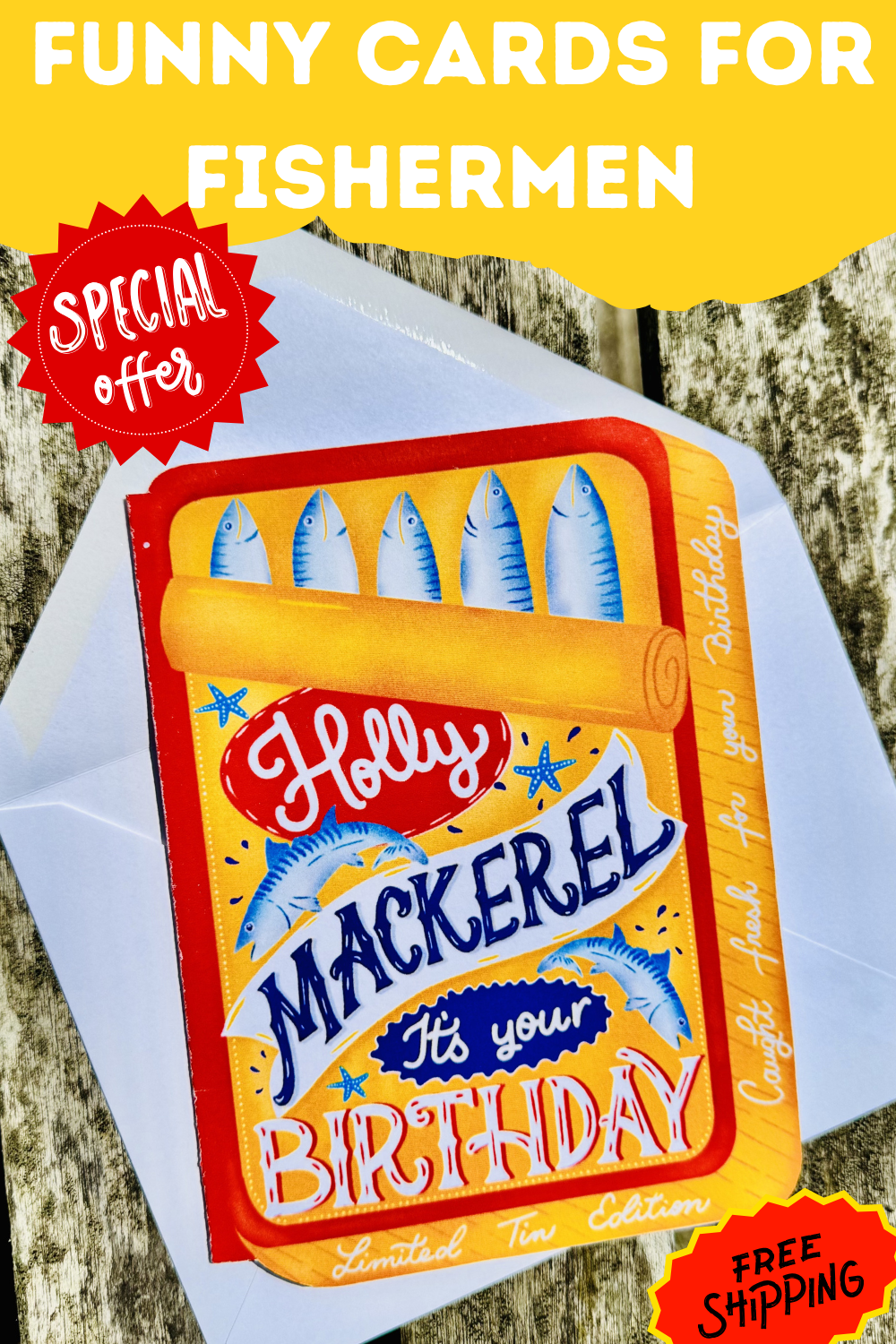 Birthday card with mackerel design and envelope on a natural background
