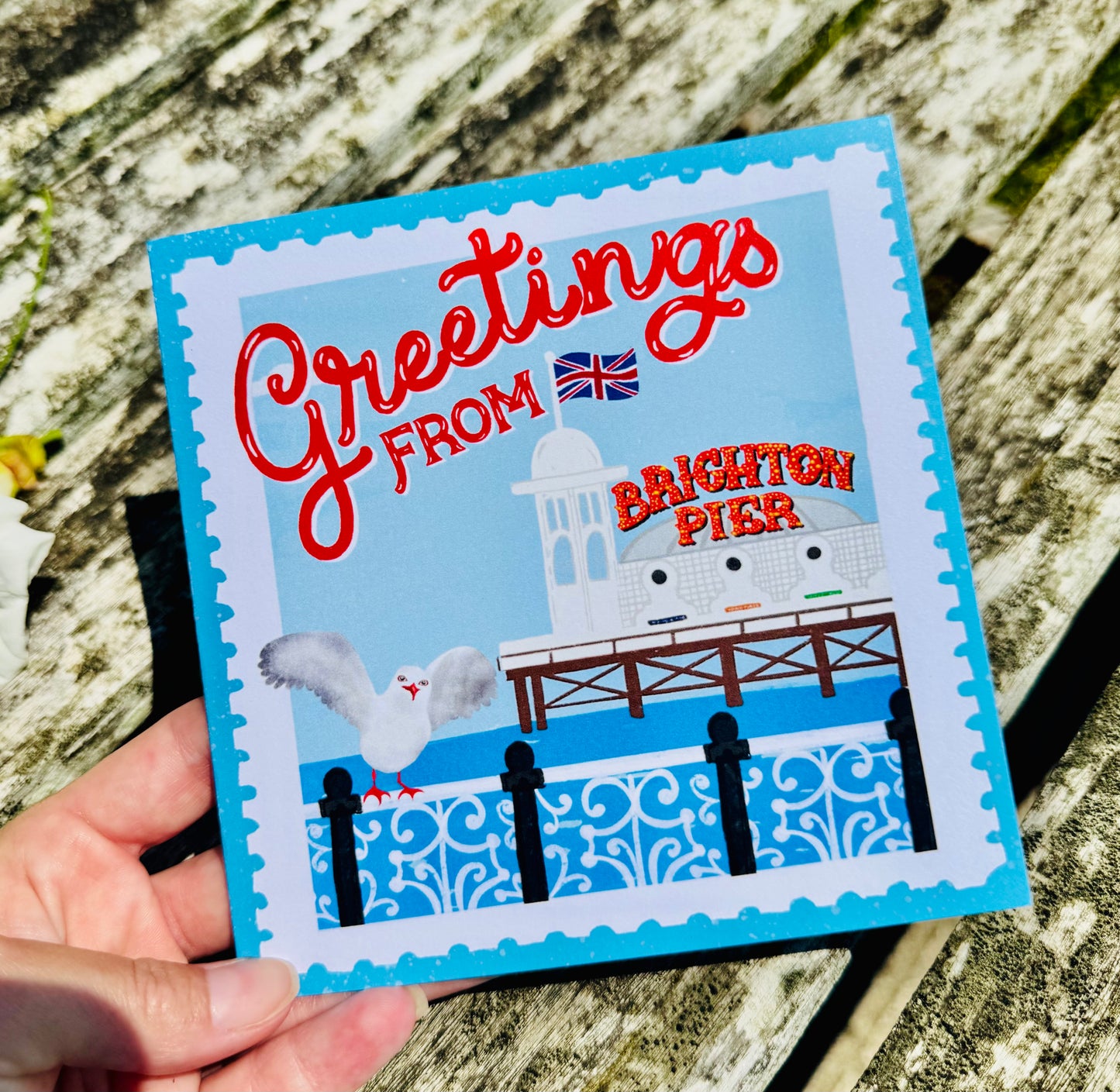 Greetings from Brighton Pier | Vintage Stamp Style Square Brighton Card