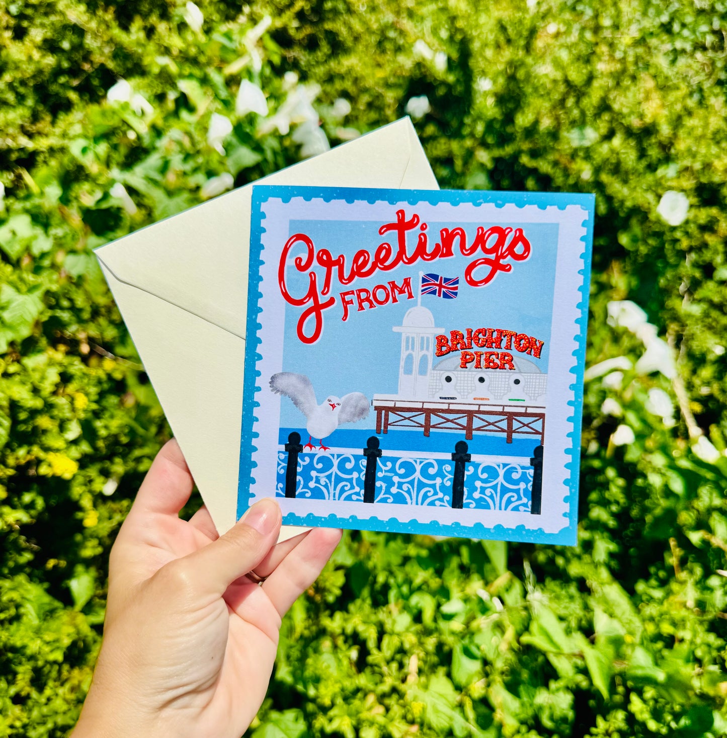 Greetings from Brighton Pier | Vintage Stamp Style Square Brighton Card