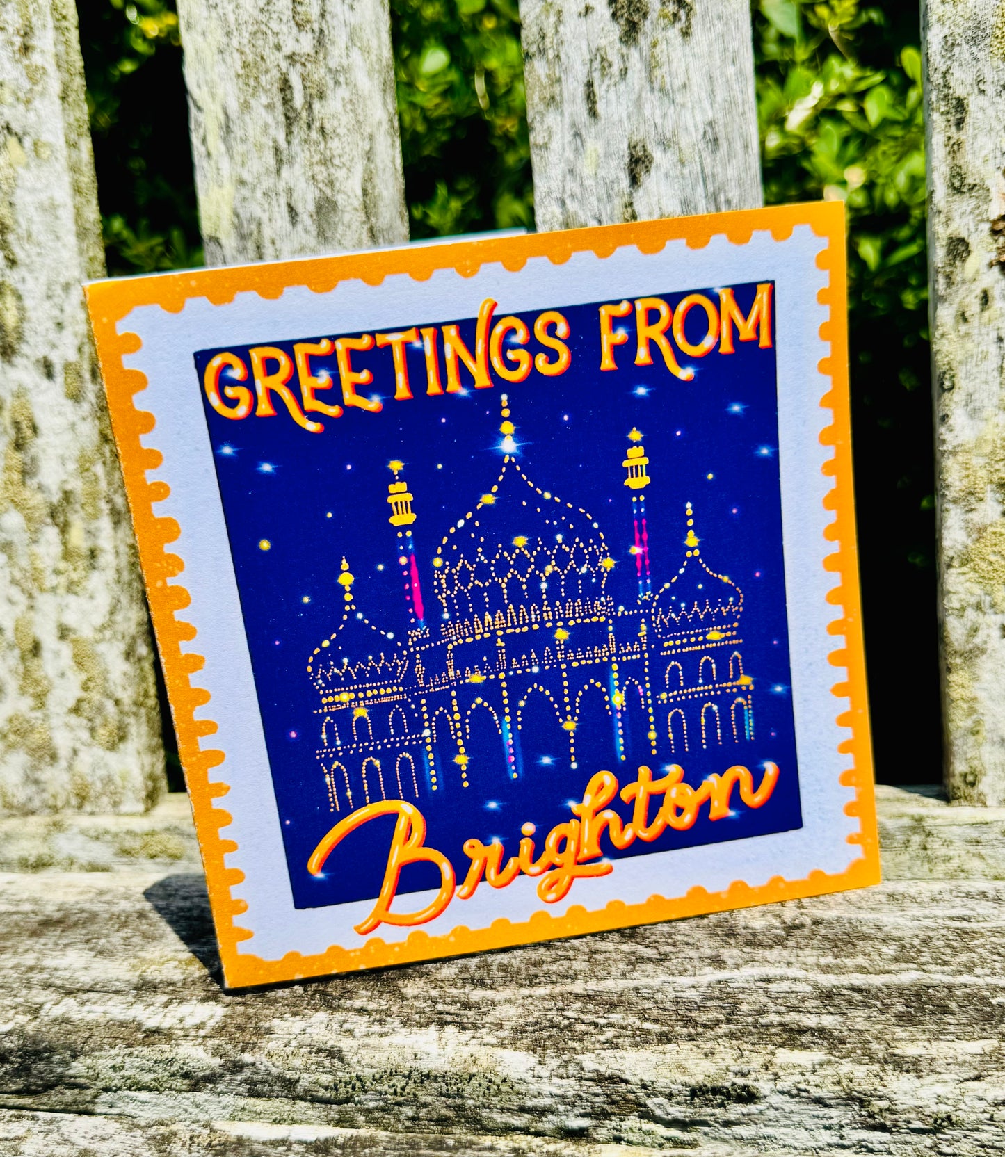Greetings from Brighton Royal Pavilion | Vintage Stamp Style Square Brighton Card