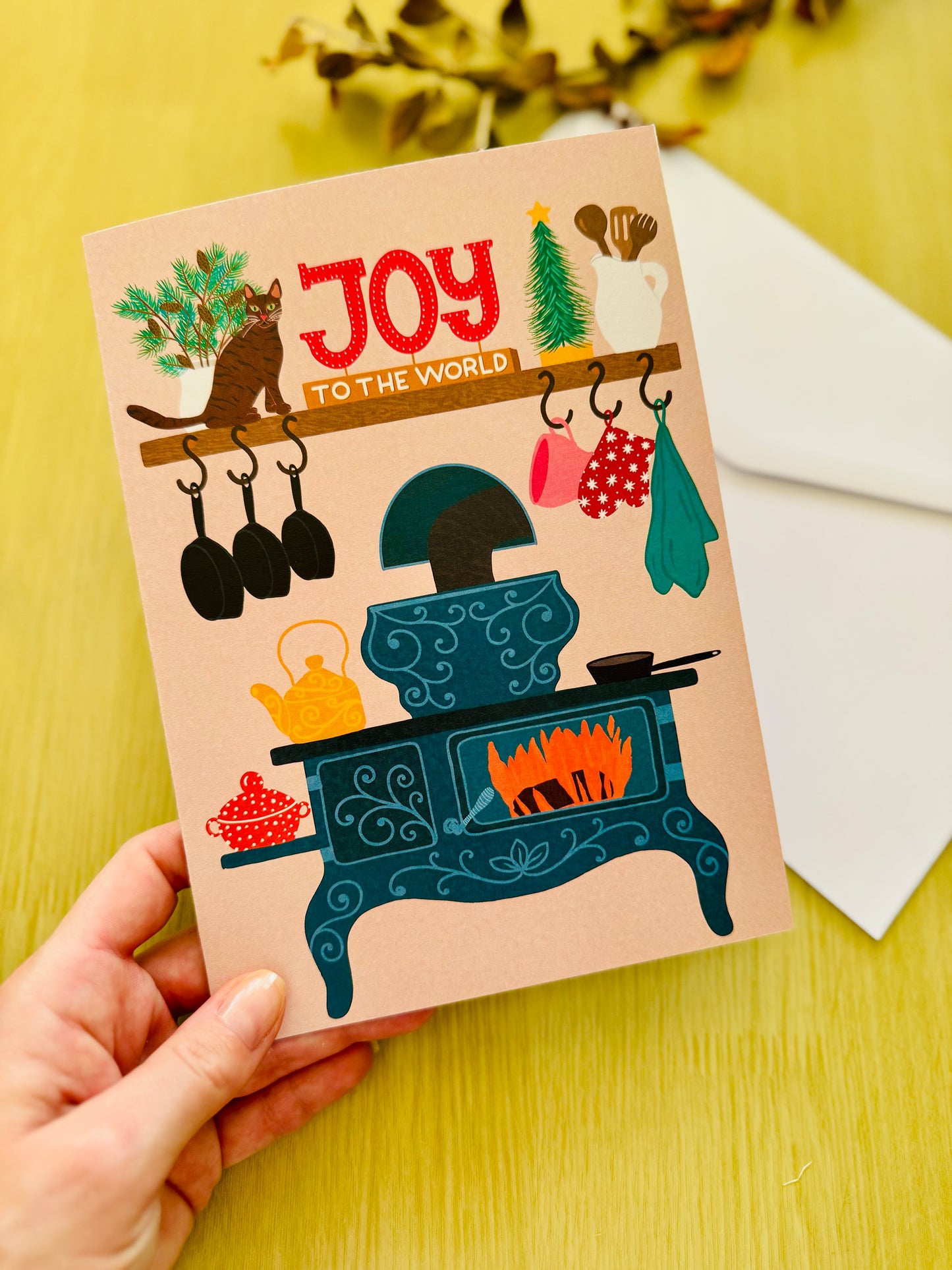 Joy to the World Christmas Card – Cozy Kitchen Holiday Card with Cat, Vintage Stove Illustration, Warm Festive Greeting Card, Winter Cottage Style”